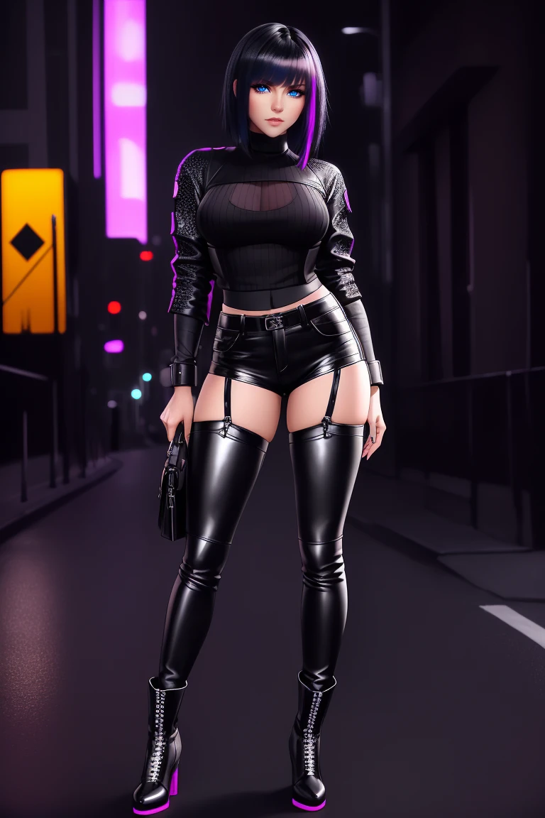 beautiful girl, ((standing:1.4)), (confident gaze:1.1), full body, short bright neon streaked black hair, ((realistic highly detailed eyes:1.4)), ((seductive pose:1.2)), black eyeshadow, (street style wear:1.2), ((tight fitted pants)), ((knee high leather boots)), (dark city night black background:1.4), dark makeup, digital art, trending on artstation, highly detailed, fine detail, intricate, detailed facial features, sharp focus, smooth, aesthetic,
