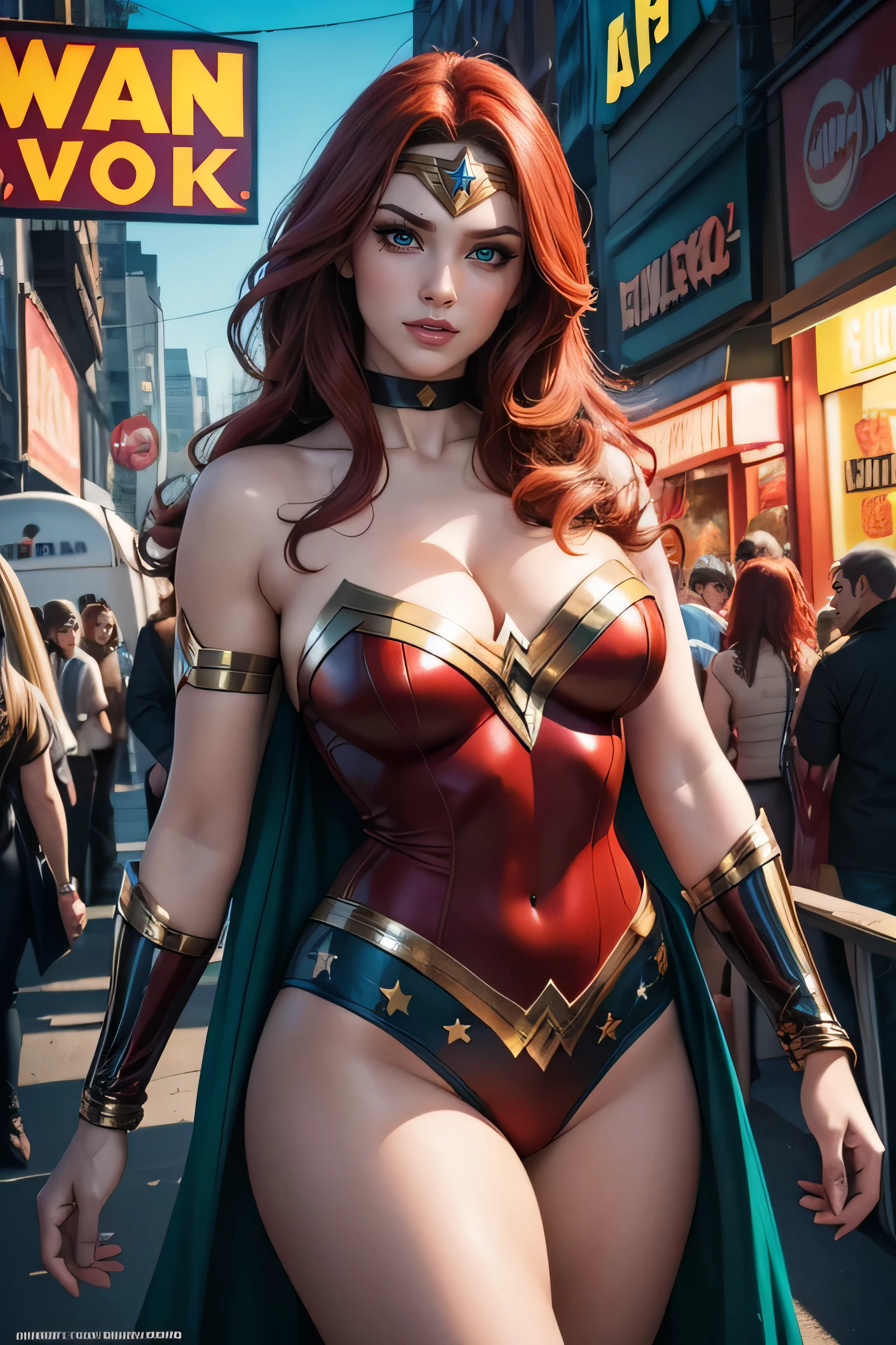 (best quality,4k,8k,highres,masterpiece:1.2),ultra-detailed,(realistic,photorealistic,photo-realistic:1.37),A Red hair,green eyes black classic 70s outfit Wonder Woman cosplay,beautiful detailed eyes,beautiful detailed lips,extremely detailed eyes and face,longeyelashes,flirting,comic book,illustration,wonderful lighting,studio photography,vivid colors,lively atmosphere,cheerful expression,confident pose,playful interaction,energetic background,comic-style art,retro vibes,70s nostalgia,superhero theme,colorful palette