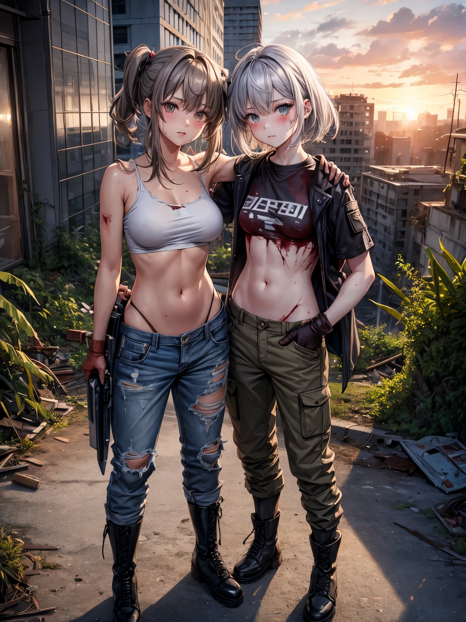 2 Cute anime girls, twins, torn trousers, gloves, T-shirt, torn jacket, military boots, brown and grey hair, medium hair, standing in abandoned destroyed city covered with vegetation, sunset between buildings, dirty skin, wounds , accent on faces, a lot of details, 4k, 8k, injured, blood everywhere, almost naked, nude, bellybuttons, injures on body, painful, blush, corpses around, machetes, portrait.