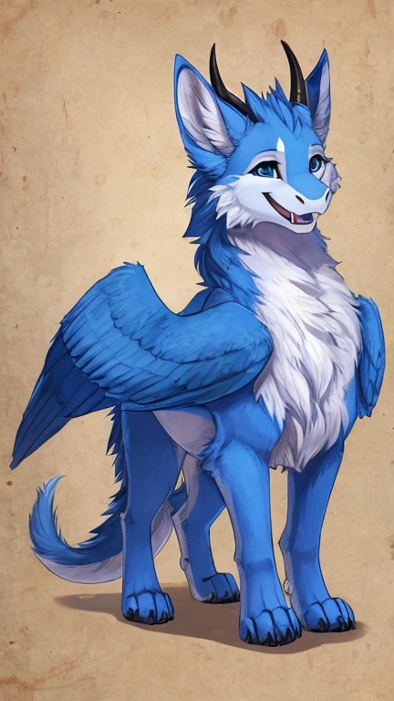 furry art, feral, furred dragon, female, white and blue fur, feathered wings, big ears, horns, tail, chest fluff, paws, fangs, happy, quadruped, wearing armor, wearing metal armor, wearing cowboy hat, standing, cute