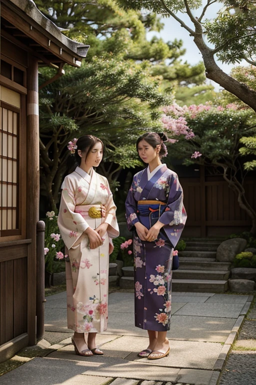 drawn with colored pencils,japanese traditional art,delicate lines and shading,beautifully detailed characters,characters in kimono,trees and flowers in the background,vibrant colors,soft lighting,portraits