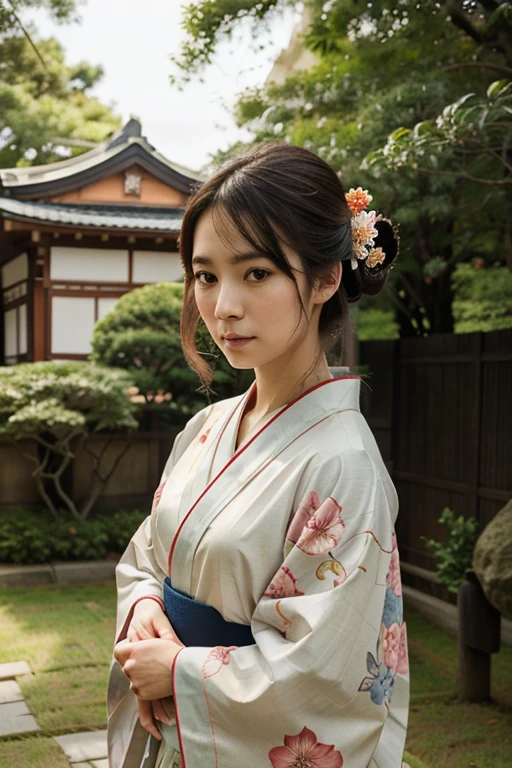 drawn with colored pencils,japanese traditional art,delicate lines and shading,beautifully detailed characters,characters in kimono,trees and flowers in the background,vibrant colors,soft lighting,portraits