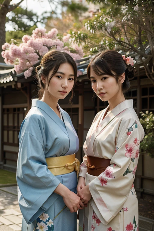 drawn with colored pencils,japanese traditional art,delicate lines and shading,beautifully detailed characters,characters in kimono,trees and flowers in the background,vibrant colors,soft lighting,portraits