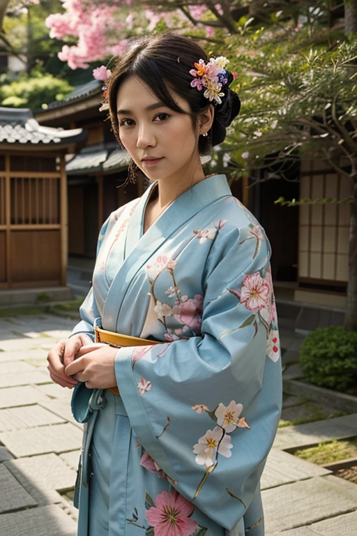 drawn with colored pencils,japanese traditional art,delicate lines and shading,beautifully detailed characters,characters in kimono,trees and flowers in the background,vibrant colors,soft lighting,portraits