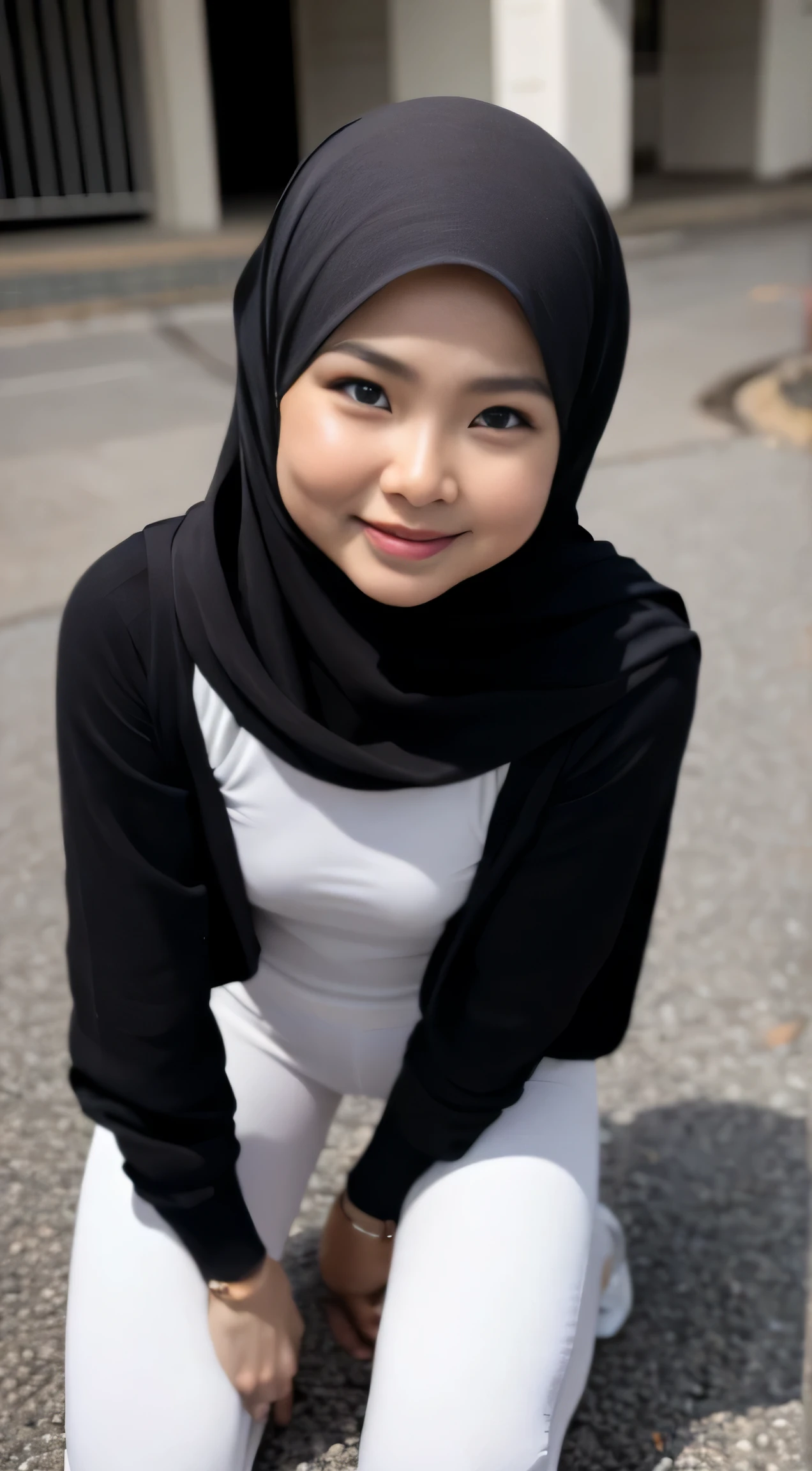 1 malay woman in hijab, (looking at viewer), ((tight white leggings)), (tight white sweatshirt), (Small buttocks), Smaller chest, laughing smile, (hijab flying), pale skin, small breasts, thin waist, china street style street, Hyper-Realism, Cinematic lighting, depth of fields, (high angle), vanishing point, F/2.8, Anatomically correct, Textured skin, Super Detail, award winning, Best Quality, high resolution, crouching looking above to the viewer, kneeling, (close up from above), (close up face), (dynamic angle)