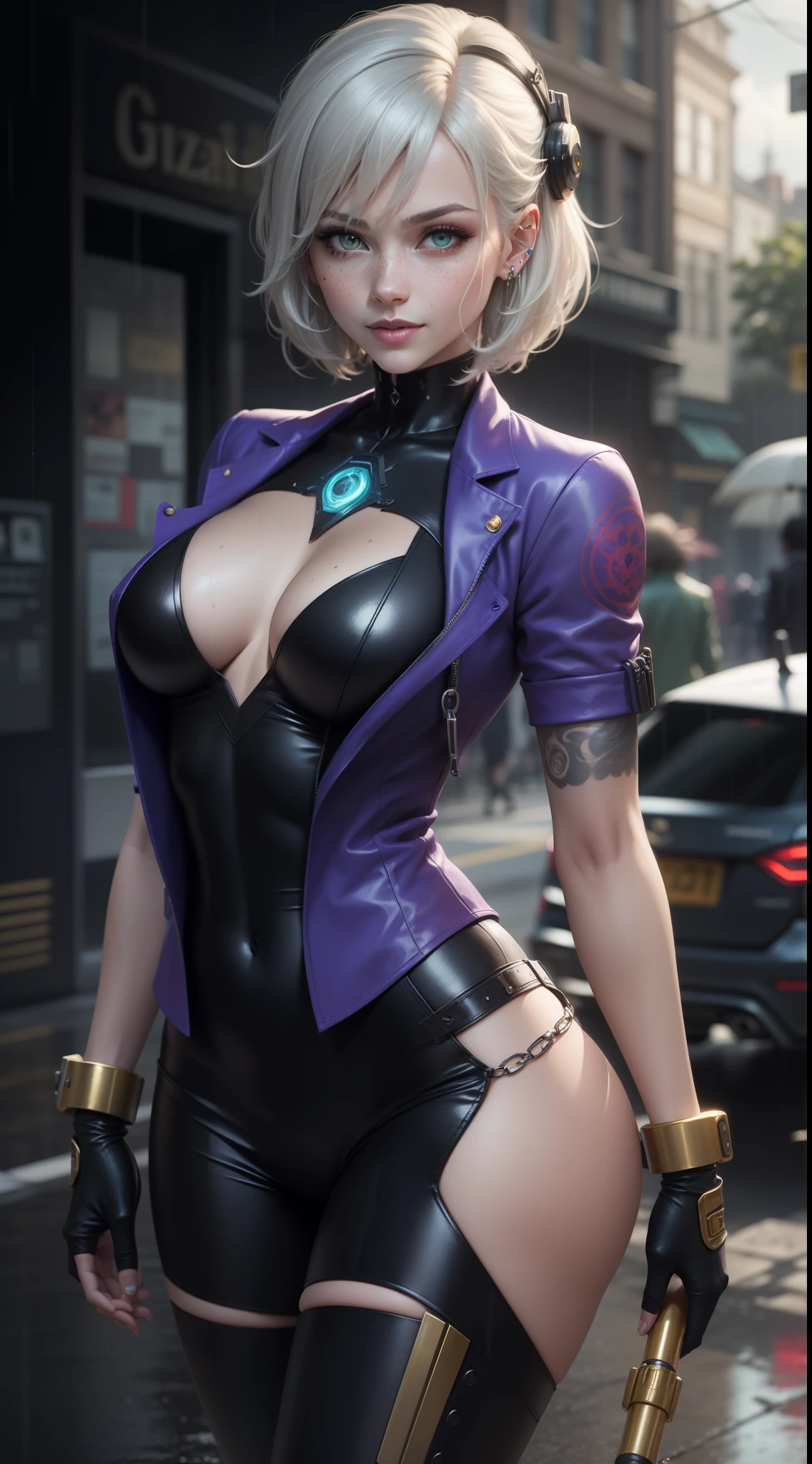 gwen tennyson,yorha 2b,mara jade,mordred, samus aran,overwatch,atelier ryza,close up,yakuza mansion,yakuza tattoos,blue and violet plugsuit,white short sleeve formal blouse,formal violet vest,black formal tie,light gray short sleeve formal long coat,light gray formal pants,short punk hair,punk makeup,green eyes,multicolored silver hair, cyborg gloves,sexy smile,freckles,beautiful girl,cyborg high heels,large breasts,8k,ultra detailed,realistic,fantasy art,hair pin,wet body,ear piercings,(weather:rainy),1girl,gold neck and hand jewelry,glowing cyborg guns,