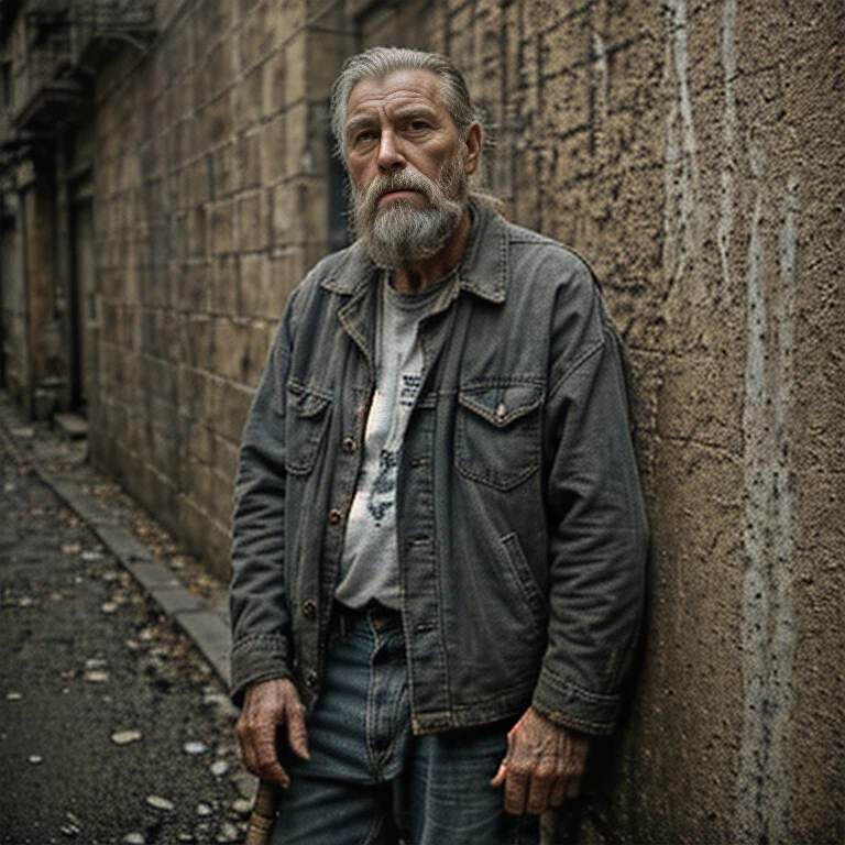 A poor old bearded Bob Teddy Nelson worker in rags, Lines in face, aged, Old, Ancient, Long beard, ((overwhelming fatigue)), wrinkles of age, concept art, oil pastel painting , moody gray colors , gritty, messy style of (cel shaded:1.2), 2d, (oil painting:1.2) highly detailed, ((((standing, leaning against wall)))), (cobblestone street)1.2, foggy morning, Nice Hands, Perfect hands, ((((Reality)))), Wearing worn out Brown Jacket and Worn out Blue jeans with holes, With a cane leaning against Wall