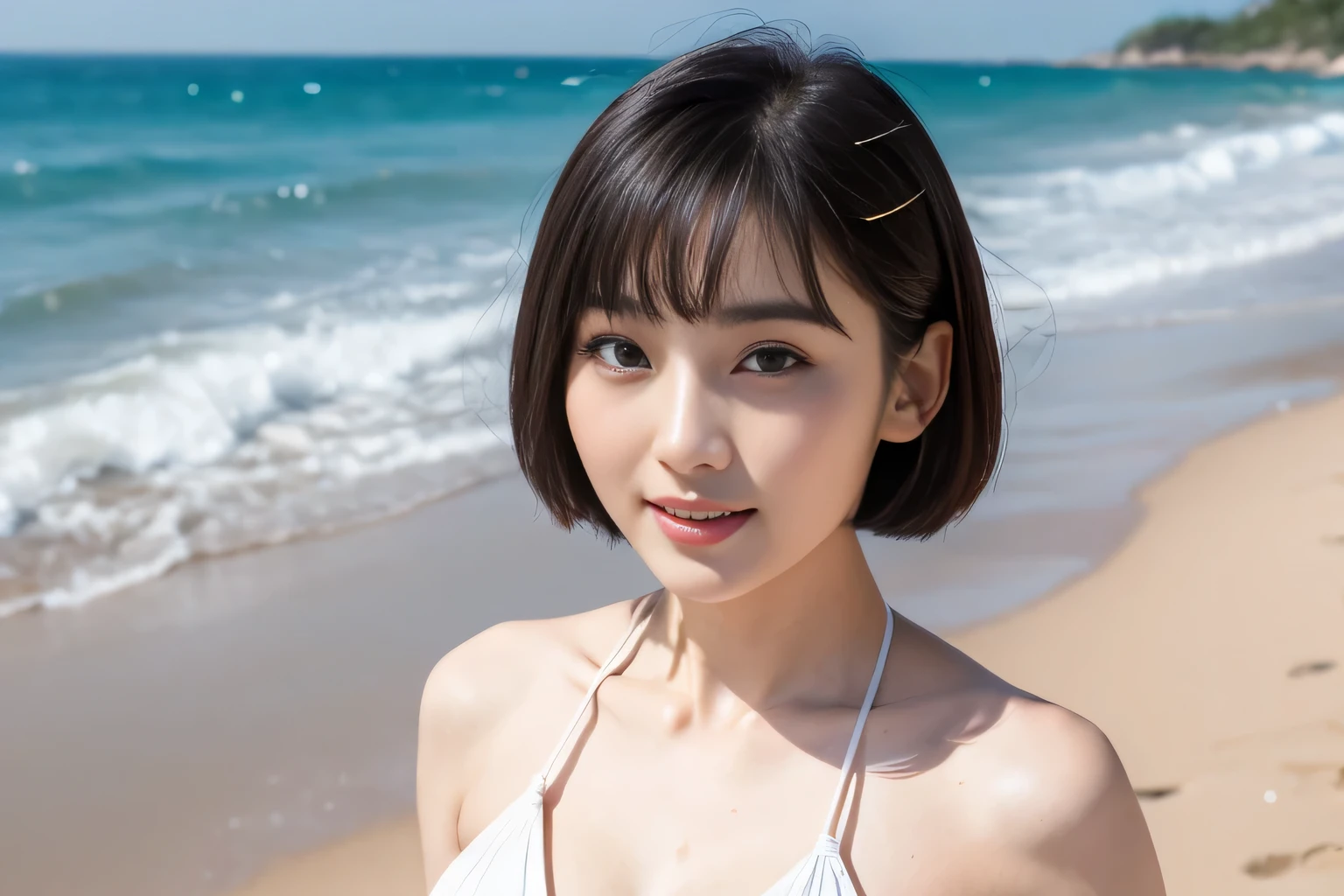 (masterpiece、High level image quality、high quality)、(Korean Cute Girls:1.5)、(macro bikini)、(rich bust :1.6)、Seductive hips、(perfect ???????、beautiful limbs、beautiful skin、healthy body)、(short hair、double eyelid),超nature的なボディ:1.3,sandy beachで仰向けになってポーズをとる、Gravure photography、Professionalism、(korean beauty:1.3,wonderful),summer、sandy beach、Ocean、nature、professional photography、