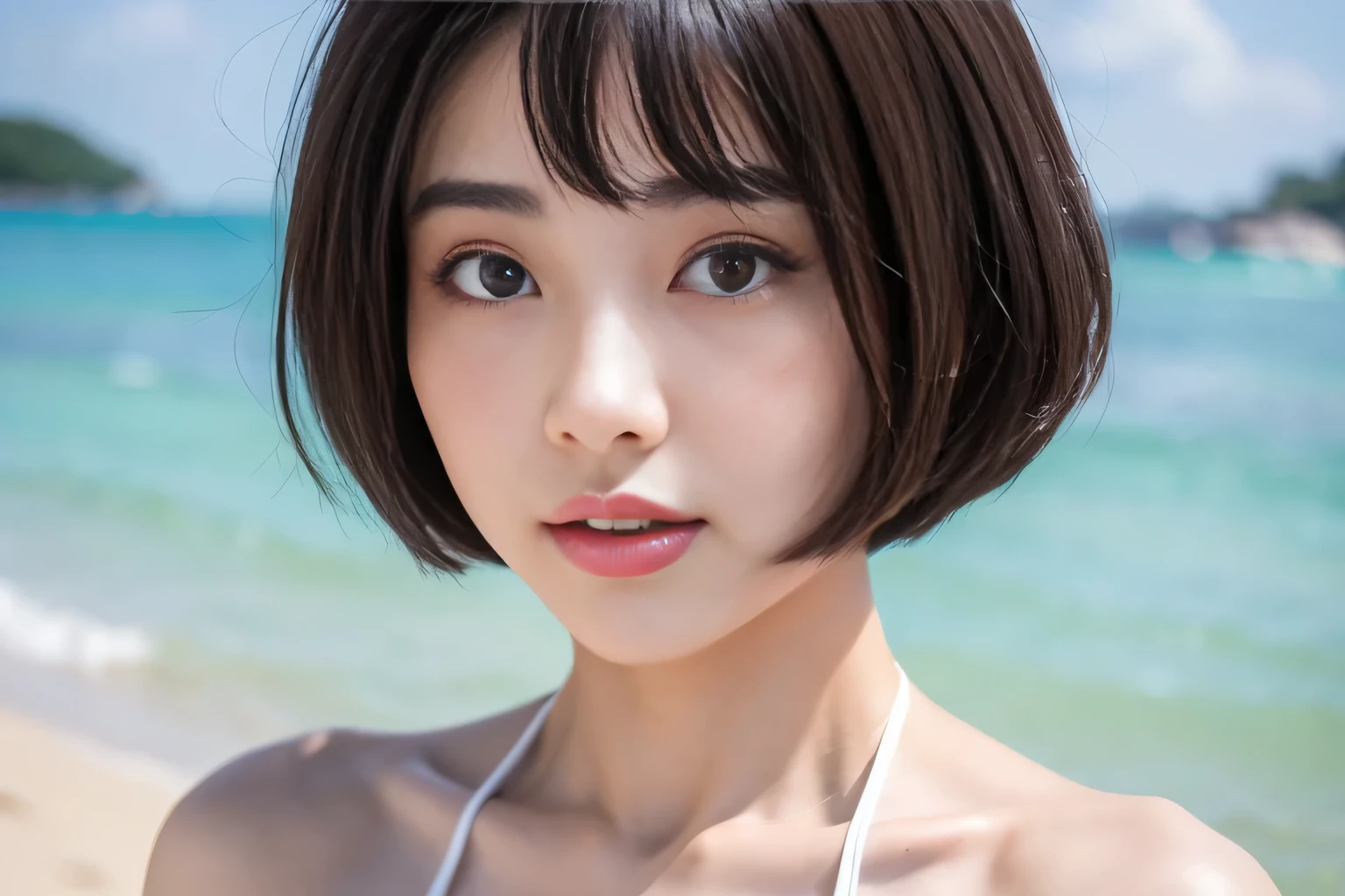 (masterpiece、High level image quality、high quality)、(Korean Cute Girls:1.5)、(macro bikini)、(rich bust :1.6)、Seductive hips、(perfect anatomy、beautiful limbs、beautiful skin、healthy body)、(short hair、double eyelid),超nature的なボディ:1.3,sandy beachで仰向けになってポーズをとる、Gravure photography、Professionalism、(korean beauty:1.3,wonderful),summer、sandy beach、Ocean、nature、professional photography、