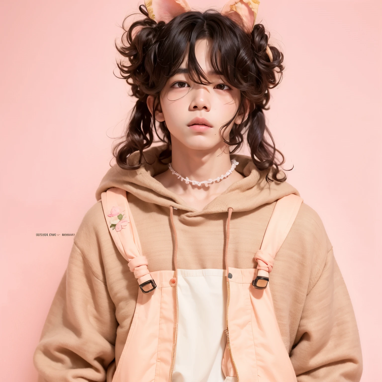 Asian boy with bunny ears down, in soft peach colored clothes, Ulzzang, soft, realistic, simple with dimpples i he's cheeks, boy, man, guy, short hair and bunny ears down