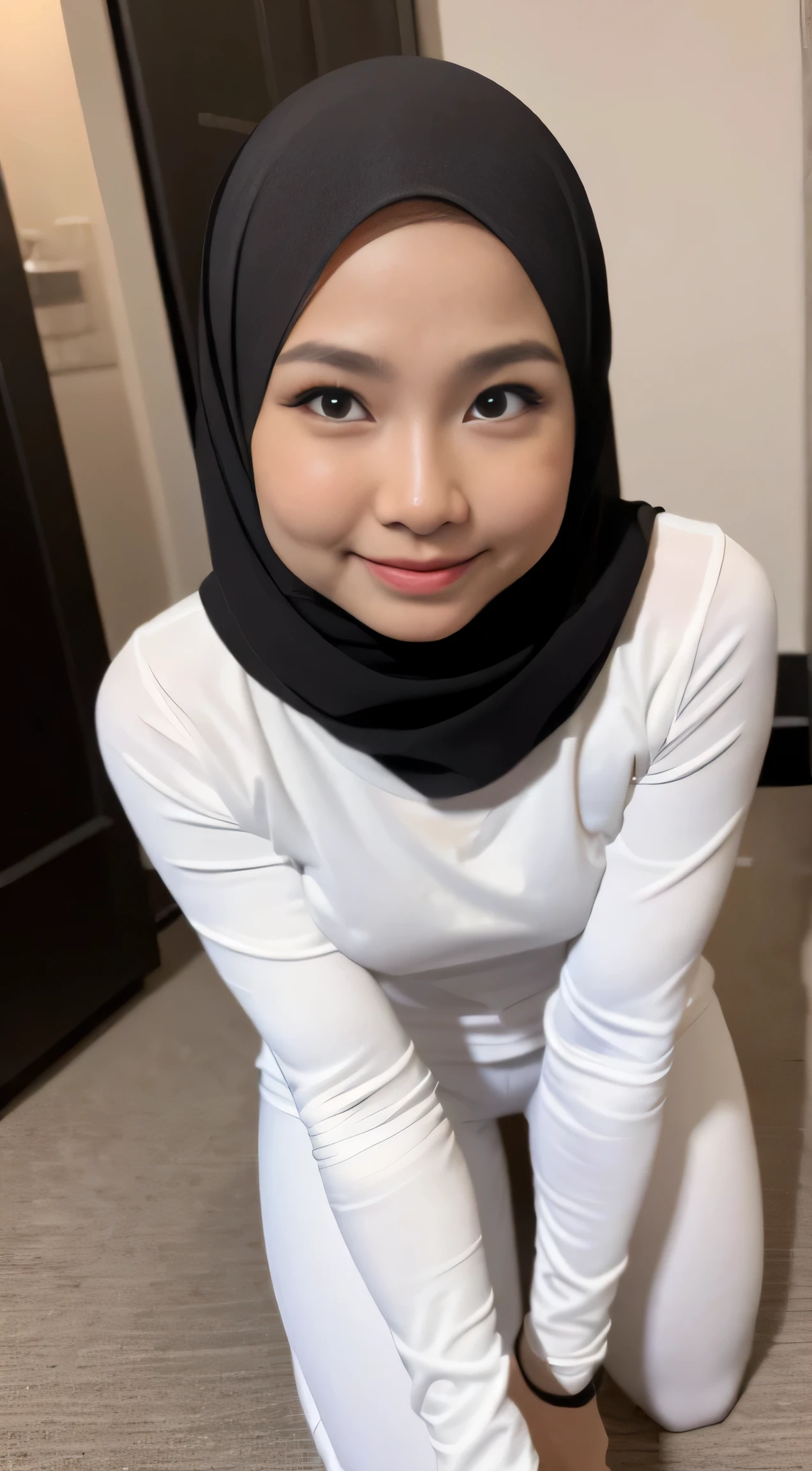 1 malay woman in hijab, (looking at viewer), ((tight white leggings)), (tight white sweatshirt), (Small buttocks), Smaller chest, laughing smile, (hijab flying), pale skin, small breasts, thin waist, china street style street, Hyper-Realism, Cinematic lighting, depth of fields, (high angle), Anatomically correct, Textured skin, Super Detail, award winning, Best Quality, high resolution, crouching looking above to the viewer, kneeling, (close up from above), (close up face), (dynamic angle), facial, cum, pov,