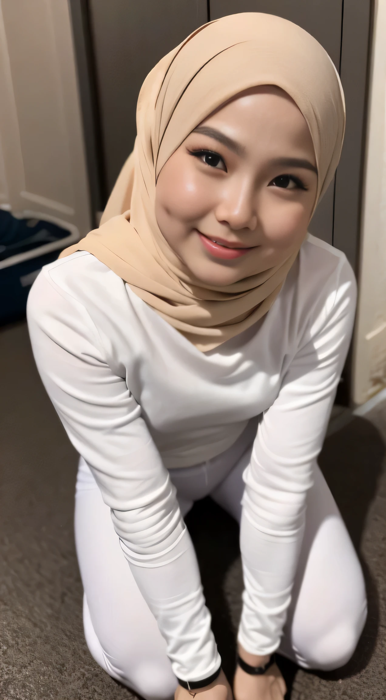 1 malay woman in hijab, (looking at viewer), ((tight white leggings)), (tight white sweatshirt), (Small buttocks), Smaller chest, laughing smile, (hijab flying), pale skin, small breasts, thin waist, china street style street, Hyper-Realism, Cinematic lighting, depth of fields, (high angle), Anatomically correct, Textured skin, Super Detail, award winning, Best Quality, high resolution, crouching looking above to the viewer, kneeling, (close up from above), (close up face), (dynamic angle), facial, cum, pov,