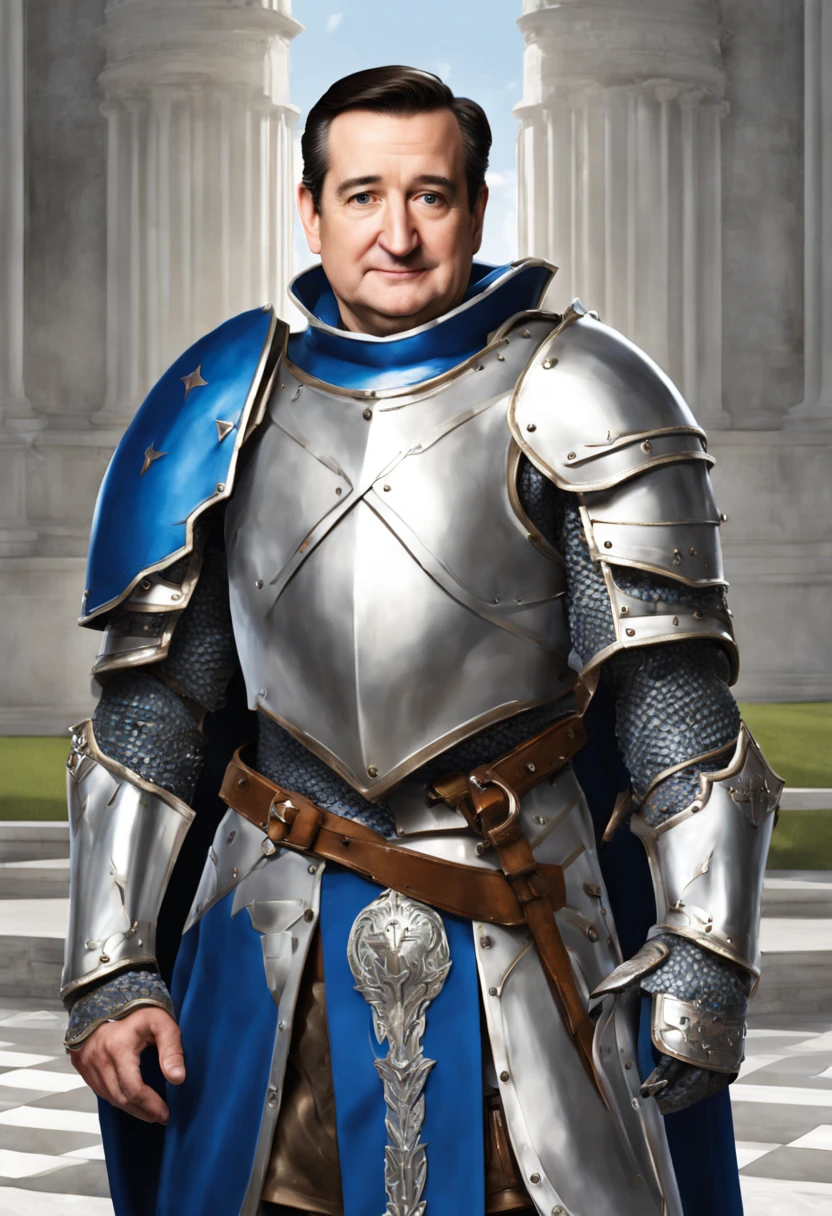 poltician ted cruz as a knight in white silver and blue armor no helmet