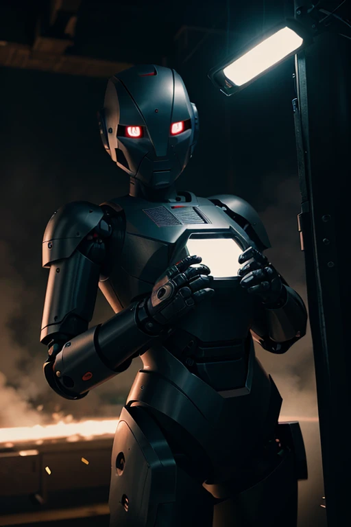 robot destroying a clapperboard. dramatic lighting, professional lighting. cinematic scene. movie scene. filmic filter