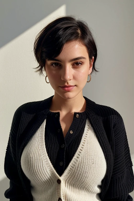 instagram photo, 21yo french woman, short hair, black hair, closeup portrait, sweater, cleavage, pale, hard shadows