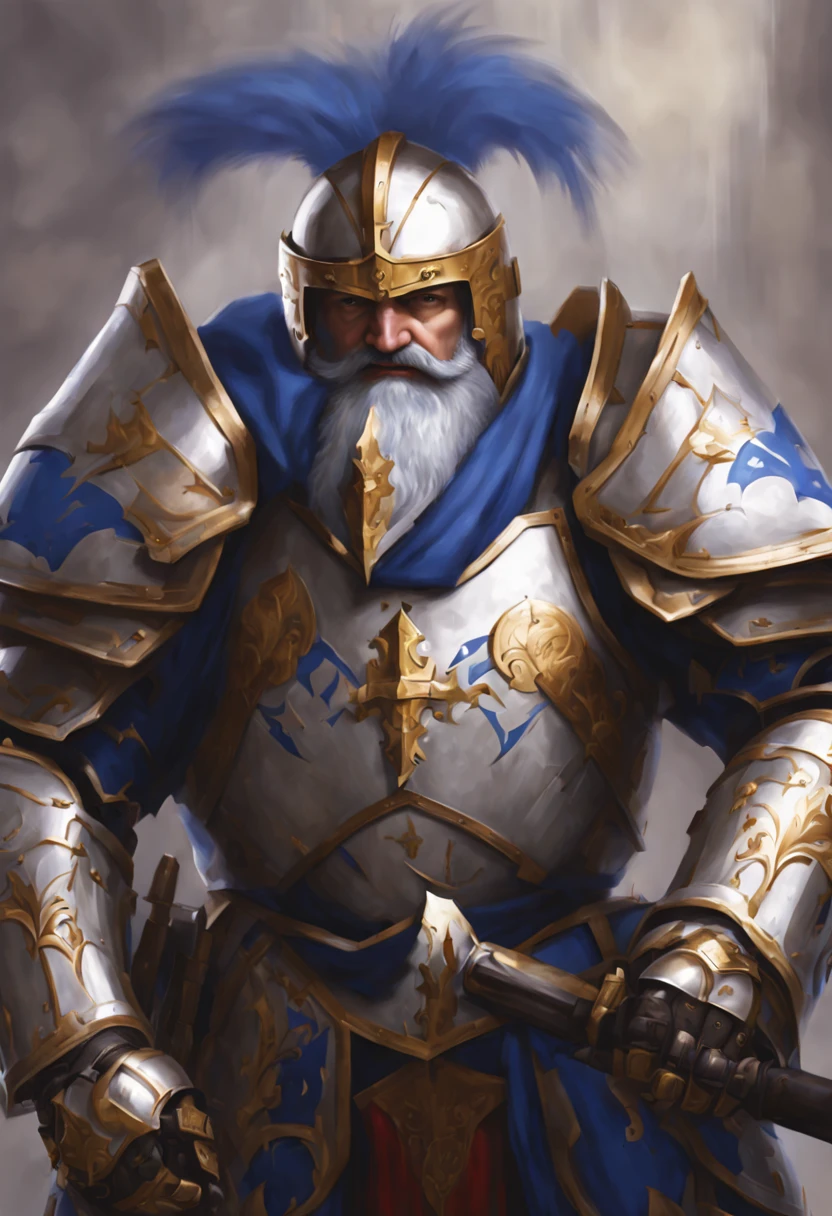 poltician ted cruz as a knight in white silver and blue armor no helmet with a thick beard