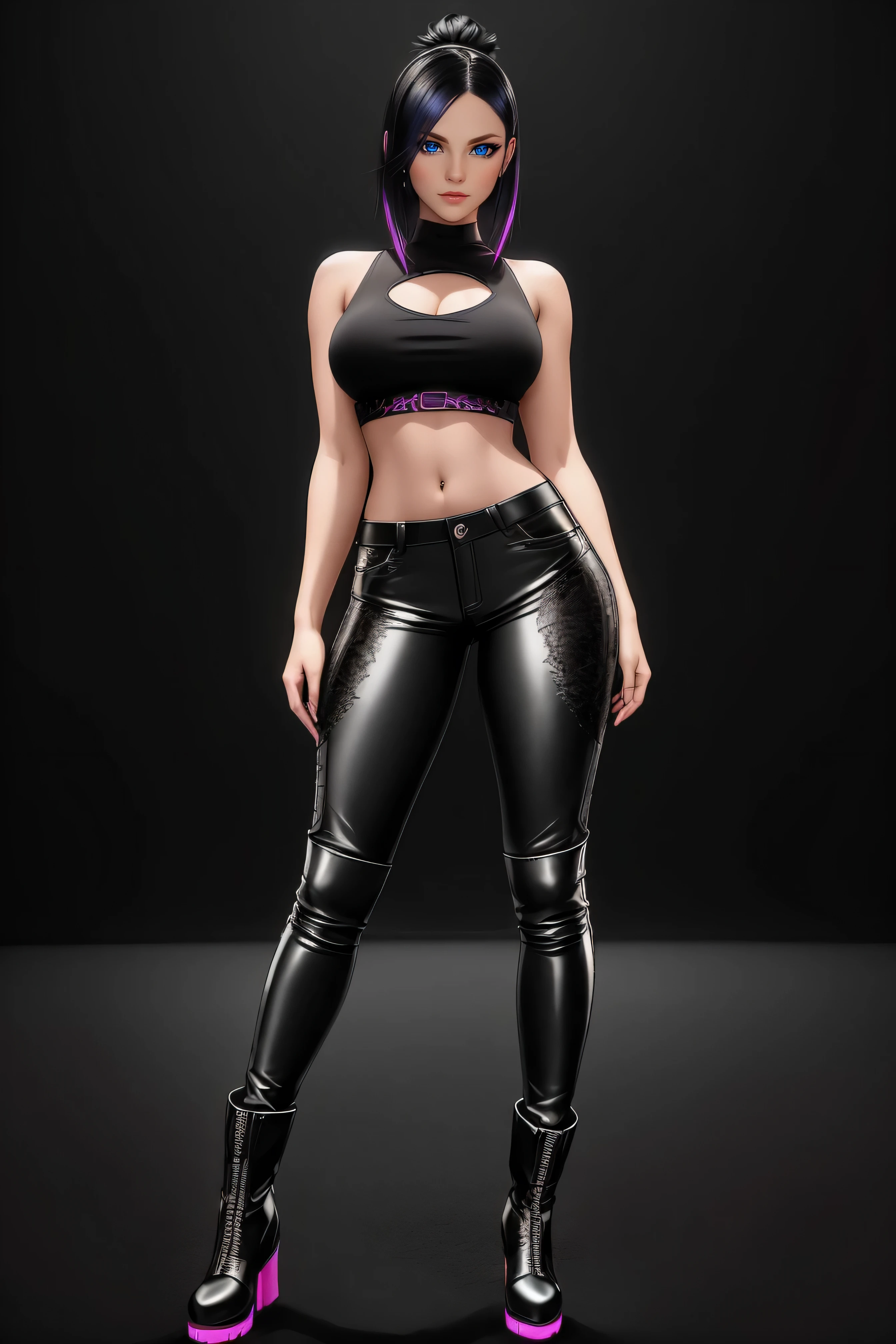 beautiful girl, ((standing:1.4)), (confident gaze:1.1), full body, short bright neon streaked black hair, ((realistic highly detailed eyes:1.4)), ((seductive pose:1.2)), black eyeshadow, (street style wear:1.2), ((tight fitted pants)), ((knee high leather boots)), (dark city night black background:1.4), dark makeup, digital art, trending on artstation, highly detailed, fine detail, intricate, detailed facial features, sharp focus, smooth, aesthetic,