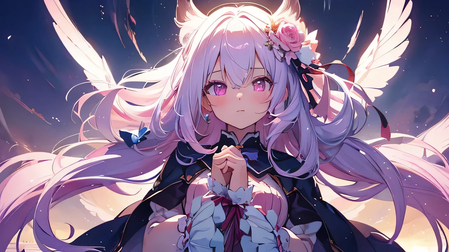 beautiful illustrations, highest quality, pretty girl, (conversion sequence), 変身Magical girl, a bit, Magical girl, fractal art,, baby face, long pure white hair, Beautiful detailed pink eyes, cinematic lighting, cowboy shot, looking at the viewer, from below, Happy