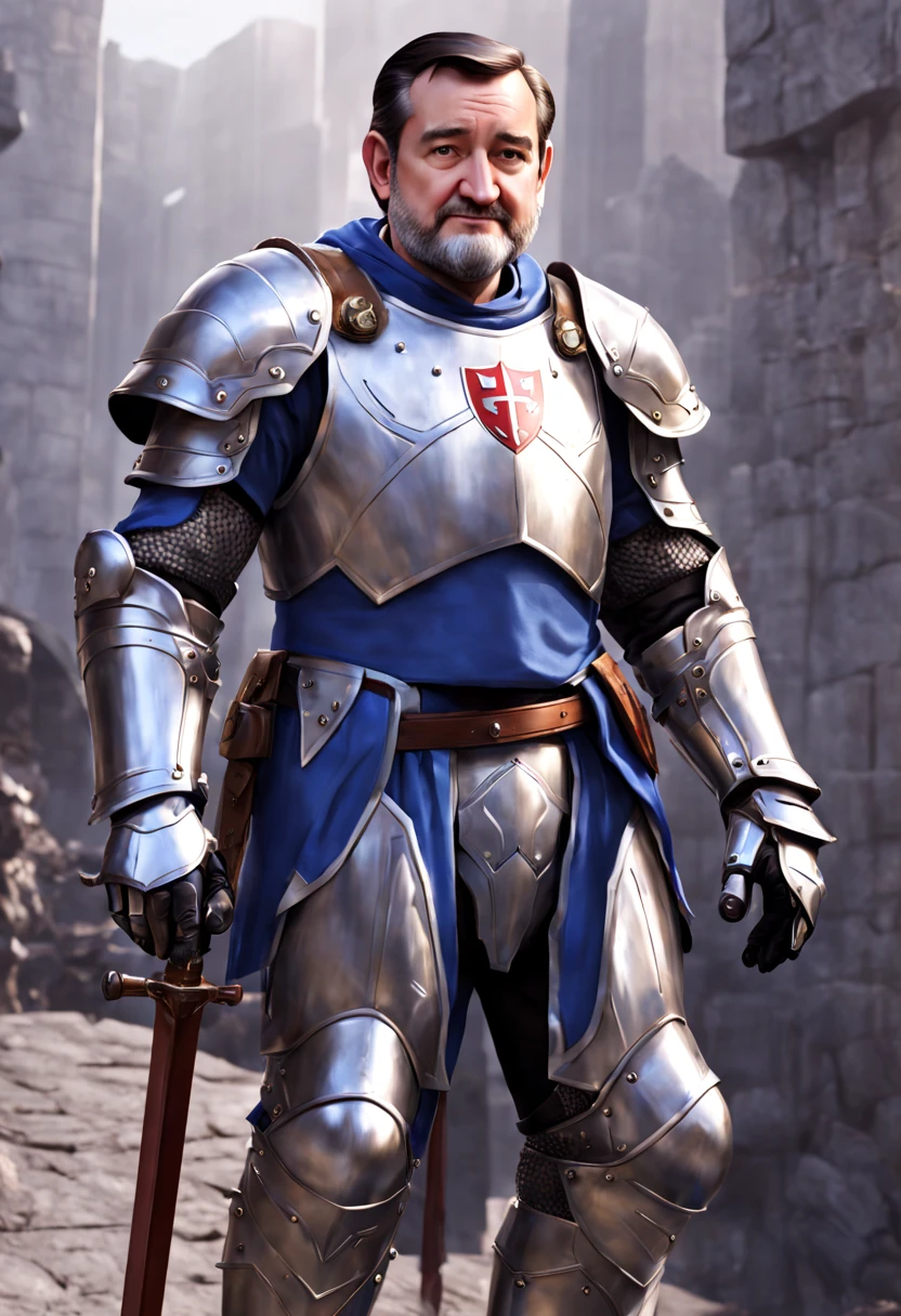 poltician ted cruz as a knight in white silver and blue armor no helmet with a beard