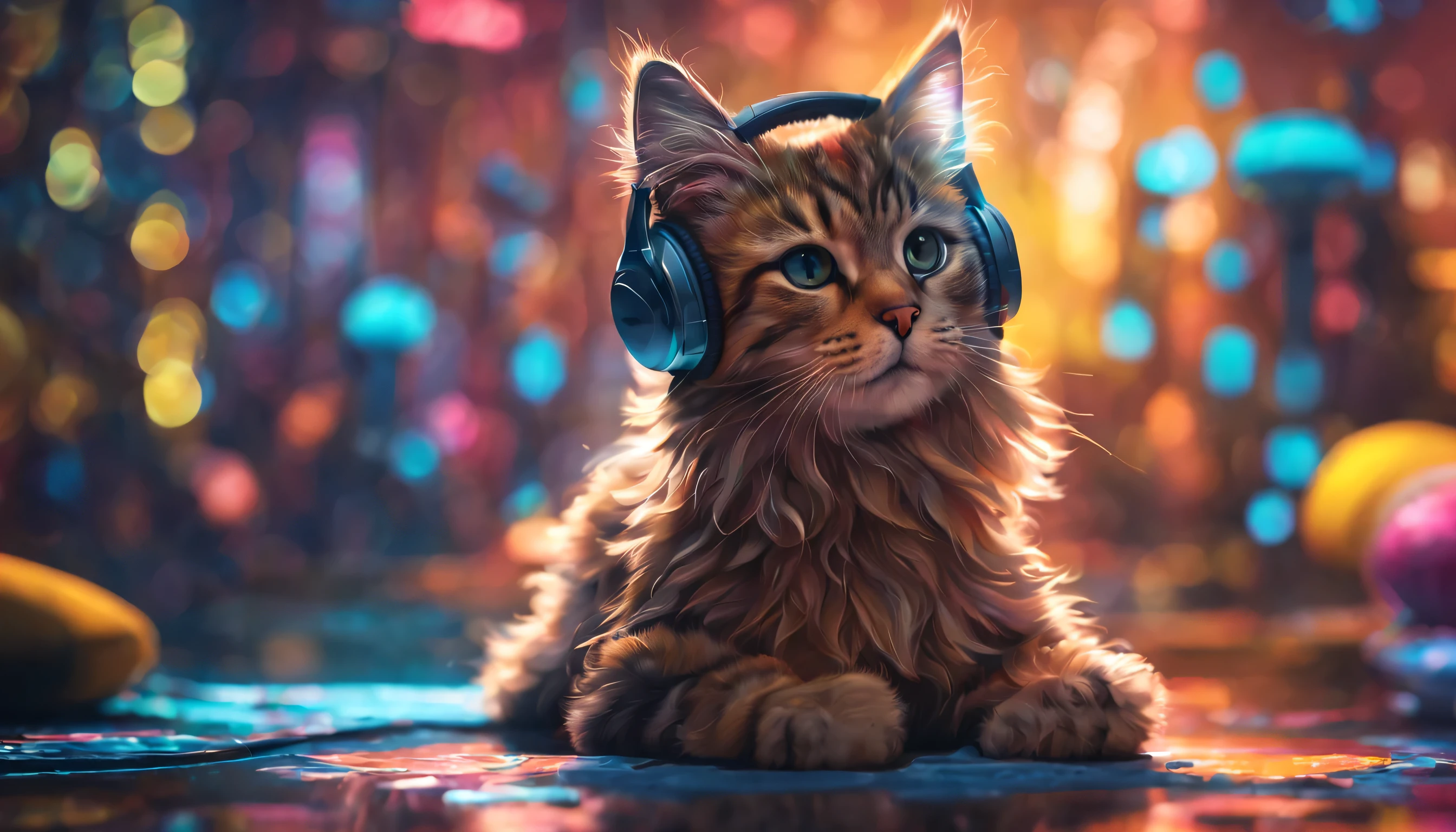 fechar no meio do caminho, altamente detalhado, 8k, fotorrealista, stunning cute and fluffy cat with headphone listening to music, rule of thirds depth of field intricate details, arte conceitual, cores vivas, design futurista, Attention to the details, grandeur and admiration, obra-prima visual impressionante, Fantastic kingdom, luz forte, water, por Lekrot