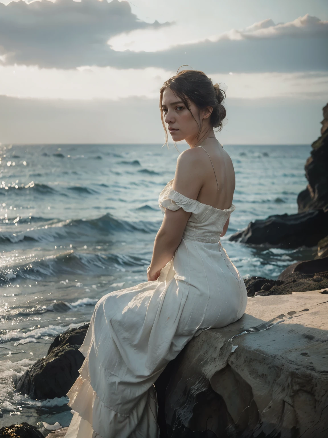 ((Jeremy Lipking style)) ((Nicola Samori style)) very ugly sad sitting woman, ((long white dress)), back, sky, sea, rocks, hair up, (oil on linen), (photo by nikon d800 , 50mm zeiss
lens), spotlight, ((into the sea)) ((over the sea))