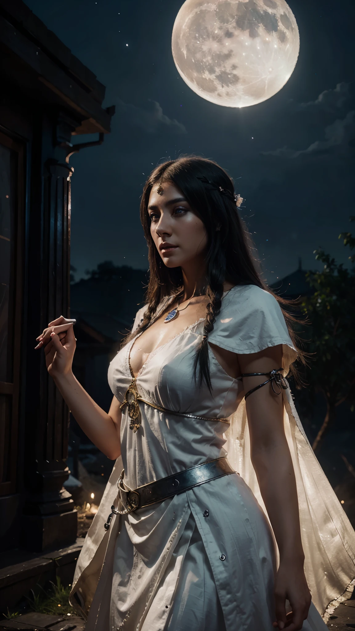 beautiful moon priestess, hyperrealistic digital painting, cryengine, hyperdetailed, vibrant, epic, moonlit night, volumetry