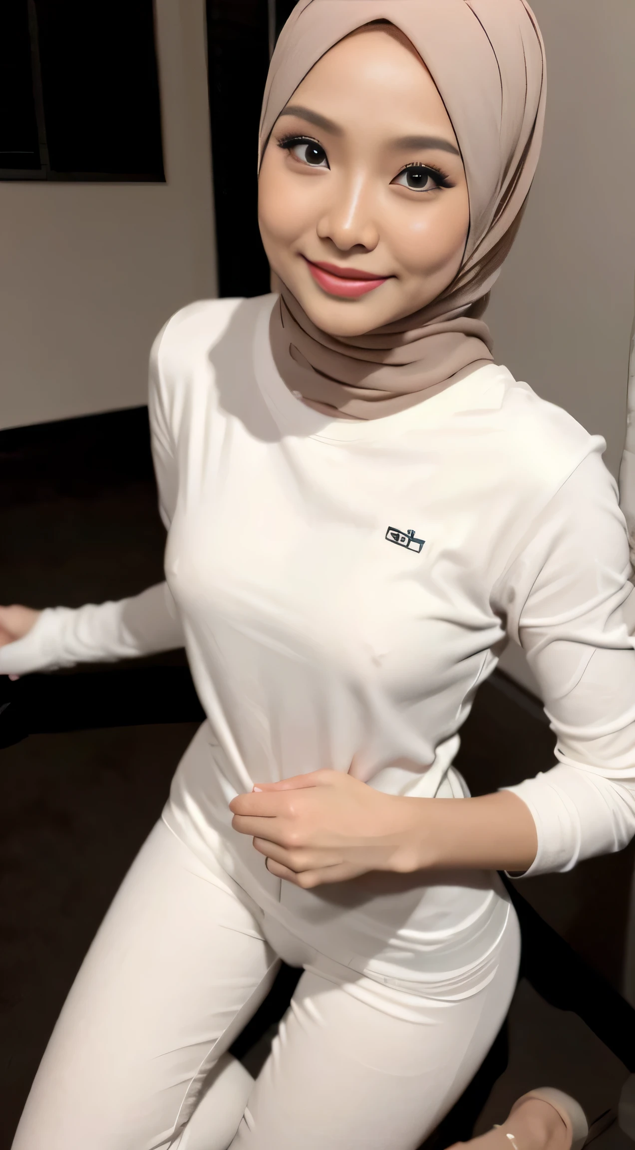 1 malay woman in pastel hijab, (looking at viewer), ((tight white leggings)), (tight white sweatshirt), (Small buttocks), Smaller chest, laughing smile, (hijab flying), pale skin, small breasts, thin waist, china street style street, Hyper-Realism, Cinematic lighting, depth of fields, (high angle), Anatomically correct, Textured skin, Super Detail, award winning, Best Quality, high resolution, crouching looking above to the viewer, kneeling, (close up from above), (close up face), (dynamic angle), facial, cum, pov,