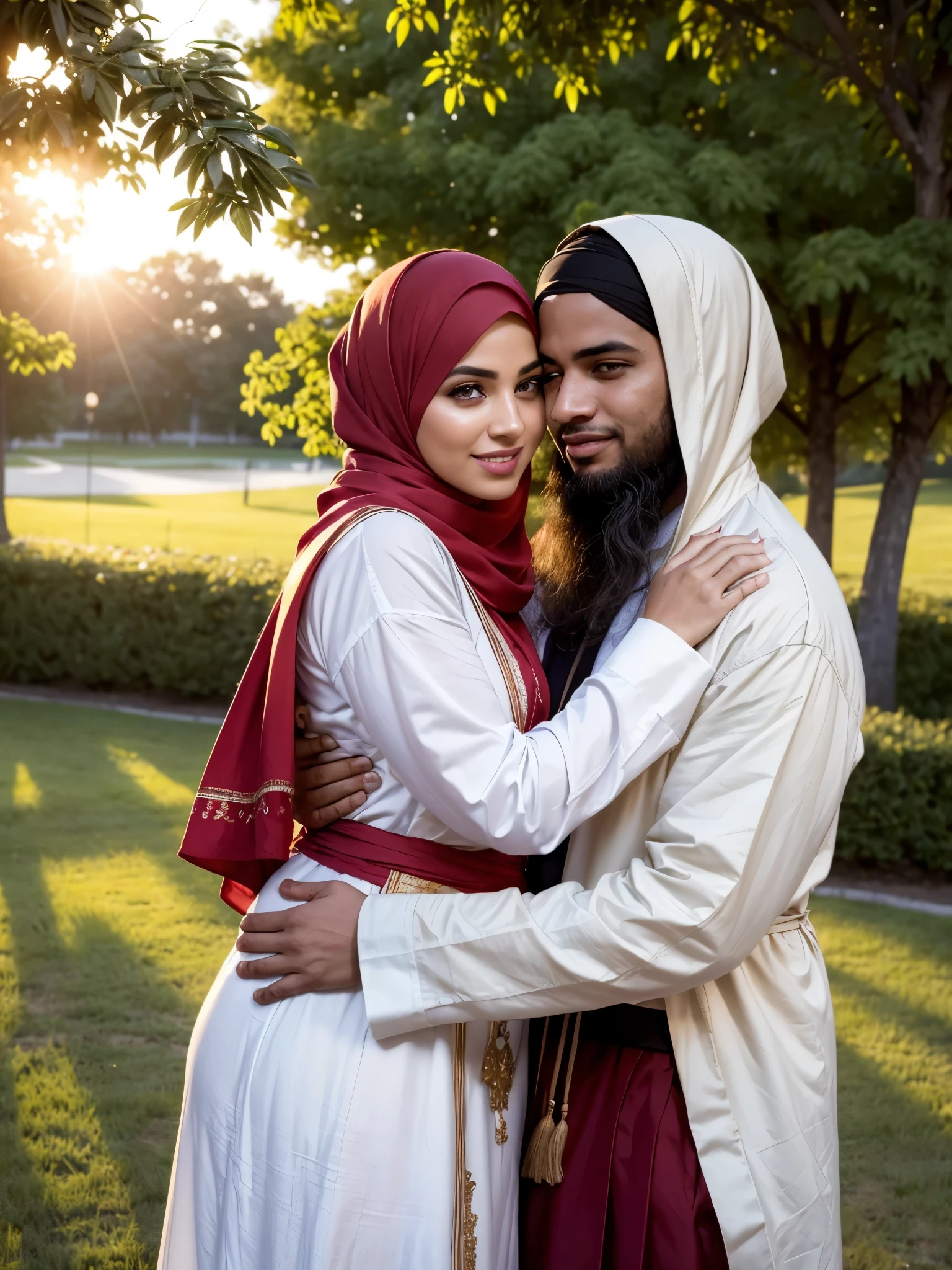 (RAW, Best quality, high resolution, Masterpiece: 1.5), Seen a very happy Muslim couple, in the park,
Masterpiece, beautiful evening scene,
Realistic: 1.5, (happy expressions:1.2), (detailed facial features:1.4),
(perfectly coordinated traditional attire:1.3), man wearing flowing white robe and red fez, woman in elegant hijab and colorful abaya,
Deeply saturated warm colors of sunset,
Soft golden hour lighting, casting long shadows,
The couple sharing a tender moment, locked in a loving embrace,
Couple's eyes bright with joy and