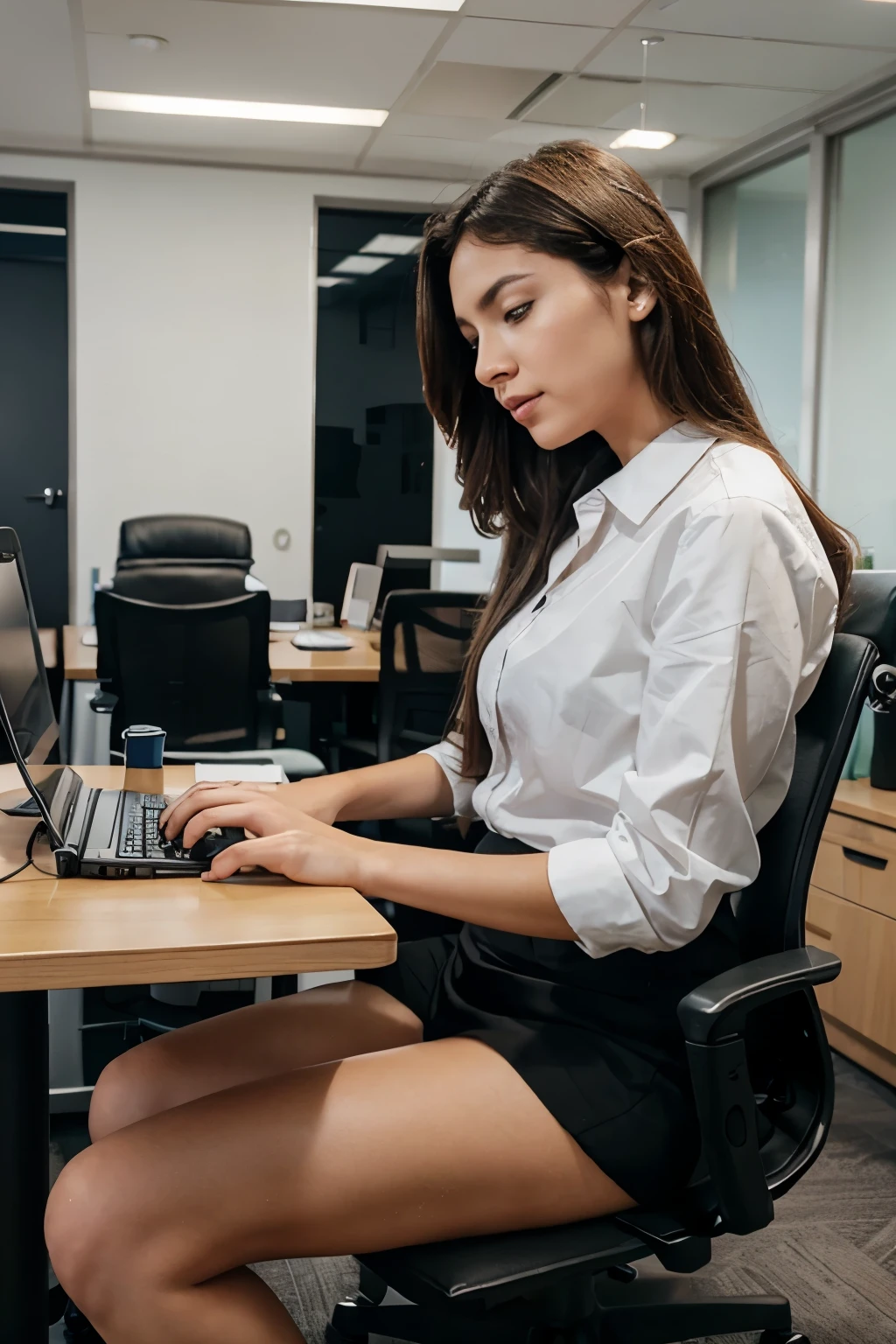 Woman sitting in a company office chair typing on the computer keyboard