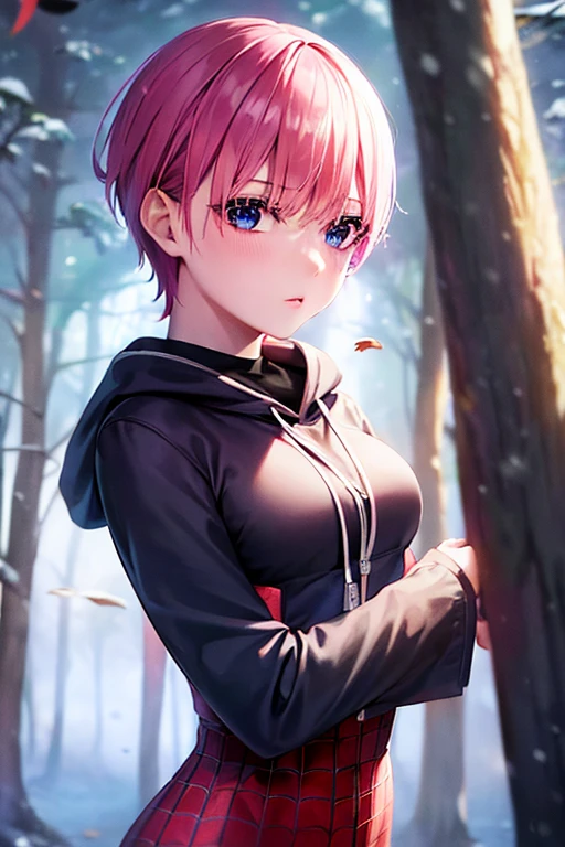 spiderverse style, 1girl, solo, pink hair, tree, blue eyes, bodysuit, short hair with bangs, snow, looking at viewer, forest, autumn leaves, nature, asymmetrical hair, winter, spider web print, hood, upper body, lips, superhero, outdoor, undercut, autumn, piercing, leaf, (((masterpiece)) 