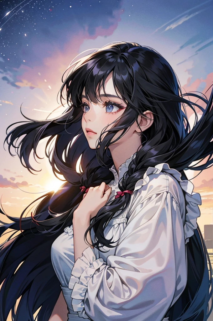 Lynn Minmay, a solo girl, gazes intently at the viewer with her expressive eyes, her long black hair cascading in twin braids over her shoulders. She wears a traditional monochrome dress, the fabric draped elegantly over her upper body, revealing a glimpse of her delicate arms. The intricate details of the dress are brought to life through the artist's masterful use of traditional media.
Her signature bangs frame her face, accentuated by the delicate makeup on her visage, which includes a bold stroke of lipstick. With her hands tucked together in front of her, she exudes a sense of quiet confidence. Drill hair in place, her lush black locks