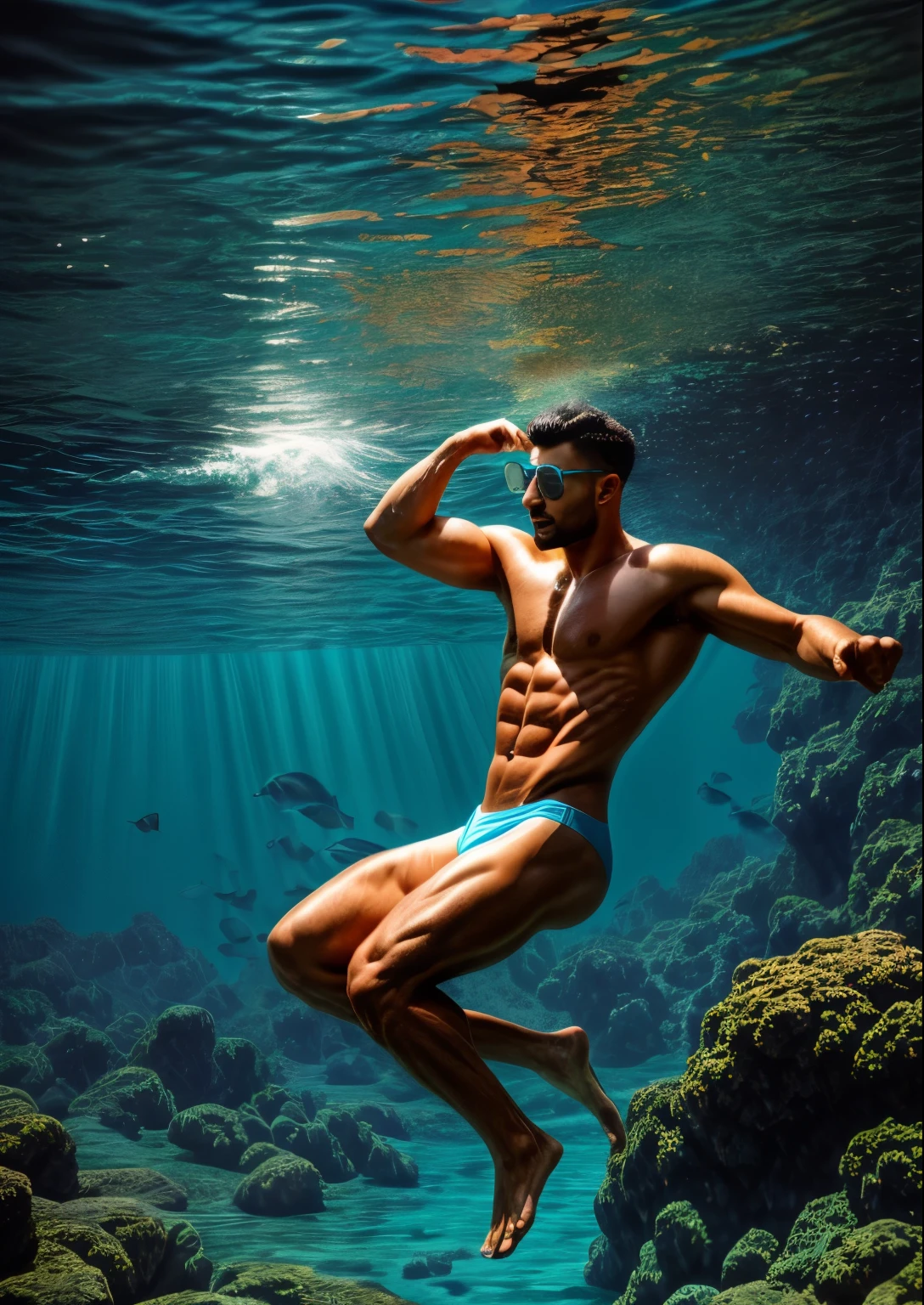 (1 man), muscular body, diving in crystal clear water, vibrant reflections, (perfect body proportions), background in shades of light blue, soft waves, aquatic nuances, Kodak Portra 400, natural light, intricate details, hyper-realistic photography, cinematic, cinema, hyper-detail, UHD, color correction, hdr, color grading, hyper-realistic CG animation, in realistic style, oil painting, with a touch of surrealism,