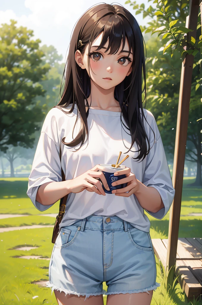 Masterpiece, one girl, eighteen years old, solo, wearing a casual outfit, white blouse with blue denim shorts, converses sneakers, high-quality, realistic, ultra-detailed, (sun-kissed skin: 1.2), playful, gazing at the horizon, long brown hair, sparkling brown eyes, lithe figure, natural light, soft shadows, vibrant colors, high-resolution, crisp focus, deep depth of field, expressive eyes, gentle pupils, realistic pupils, (decorative accessories: 1.1), outdoors, grassy meadow, sunny day.