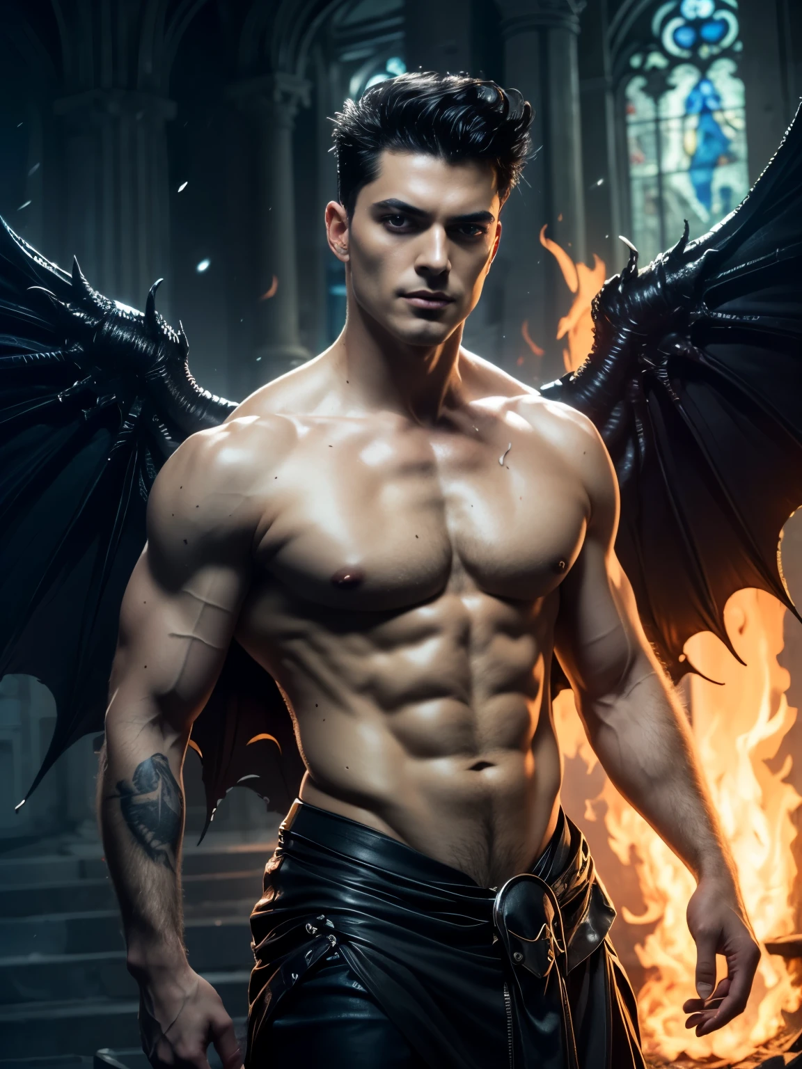 Photorealistic, ht, ((best quality)), ((masterpiece)), (detailed), blue eyes, perfect face, the devil, masculine portrait of the devil, personification of The Devil, (evil look), superr pale skin, massive huge majestic black angel wings, black dragon horns, 18-year-old, super male model, handsome, tall, cute looking, evil look, (evil smirk:1.5) dark look, powerful, young male model, handsome mythical creature, super strong, muscular, fit, massive muscles, six pack, clean shave, . wavy messy brown hair, short messy hair, ( short messy wavy hair:1.3), (high volume Messy Quiff:1.5), shirtless, barechested, muscle, ripped, strong body, fit body, ancient linen Greek small skirt, antique black linen rapoth skirt, (dark night:1. (Dark background:1.4) 8k, high detailed, ultra-detailed, Stylish Pose, real skin texture, dark cinematic lighting, ruins gothic cathedral, ruins, hell fire, infernum, coal fire,