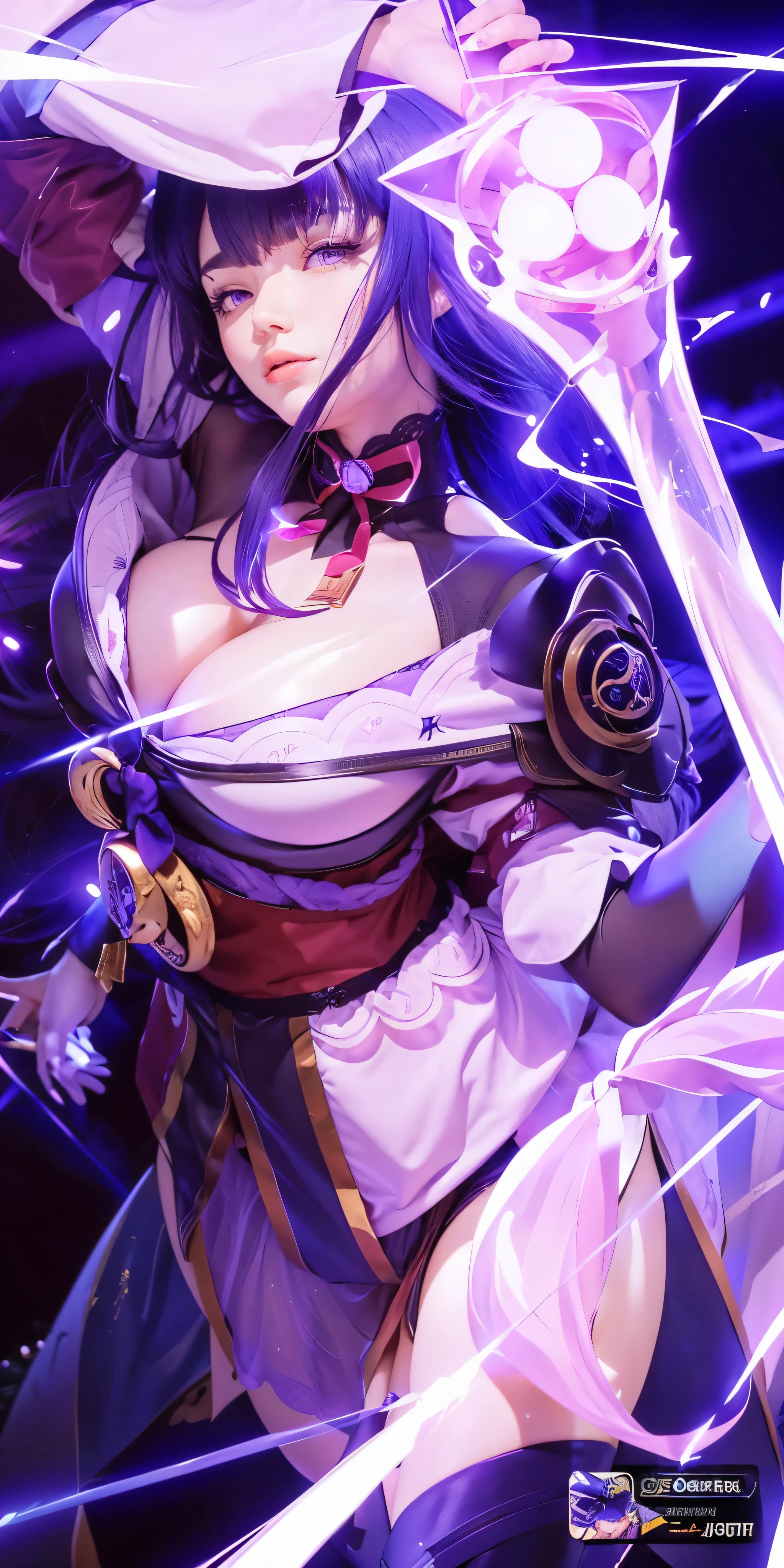 (foto ultra realista, 8K Ultra HD, cheio de detalhes nas roupas e no rosto, obra de arte, deusa da beleza). Shogun Raider from Genshin Impact is a sexy woman with long, purple flowing hair, que usa uma lingerie sexy altamente detalhada, She wears a jewel on the side of her head adorned with golden details and a jewel in the center. - Ela usa uma roupa roxa e rosa com detalhes dourados, com desenhos ornamentados em ouro. The upper part of the armor is tight to the body, destacando suas curvas. (ela tem seios longos, seios enormes e perfeitos emergindo de seu sexy, Erotic cleavage, SEIOS pontiagudos), ((micro calcinha transparente mostrando a bucetinha, buceta perfeita)), corpo definido, corpo com curvas, bunda grande e perky, buceta mostrando, His arms are covered in armored gloves with similar designs in gold and secured to the arm by straps... - A piece of cloth flows from his waist, complementando o visual da armadura. - Her face is very beautiful, She has light pink eyes and a serious expression. - Em segundo plano, there is a dramatic sky full of dark clouds and lightning lighting up the scene. The full moon is also visible between the clouds.