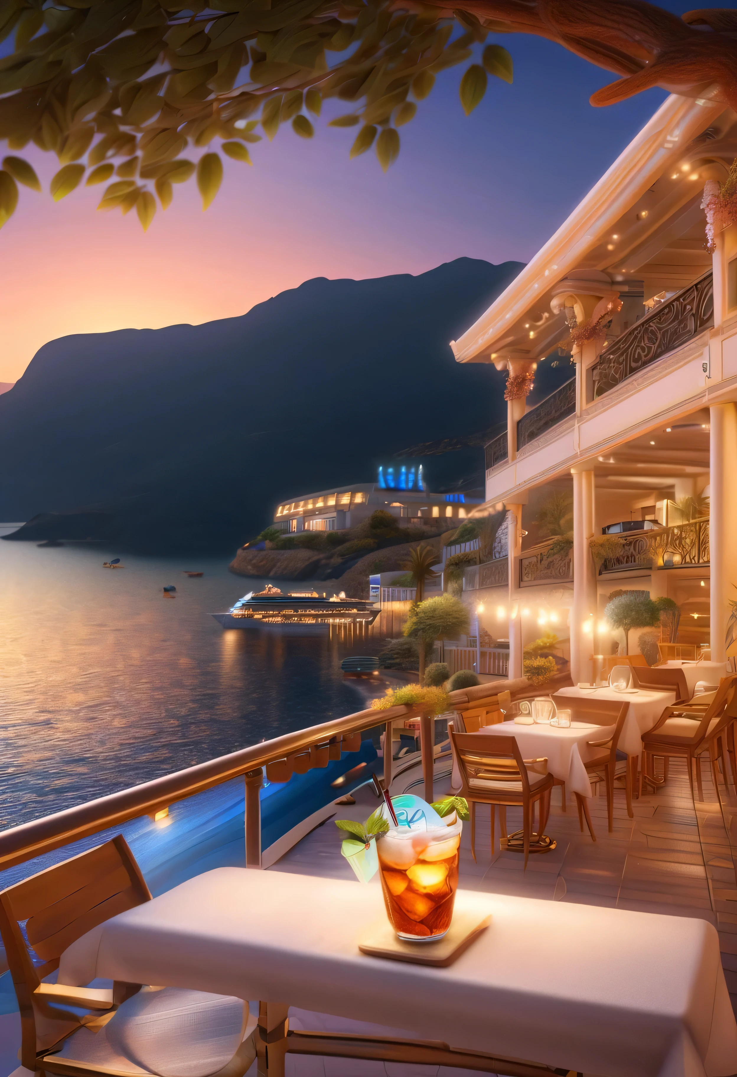 Cruise ship arrives at Greek port.it'comfortably、leisure resort...Gorgeous and elegant mansion hotel.modern beautiful city,overlooking,is a famous resort.beautiful beaches,sea view.Outdoor swimming pool.Cool glasses filled with iced carbonated drinks and delicate fruits on the table, The lights are very dazzling at night, sea view in the distance, Palm trees and coconut groves in the distance, Romantic and beautiful environment, optimistic matte, Beautiful digital artwork, Cozy café, Beautiful and detailed scenes, Relaxation concept art, 8k high quality detailed art, 4k highly detailed digital art, Highly detailed scenes(night view.warm light)(best quality,4K,8k,high resolution,masterpiece:1.2),super detailed,(actual,photoactual,photo-actual:1.37),bokeh background,