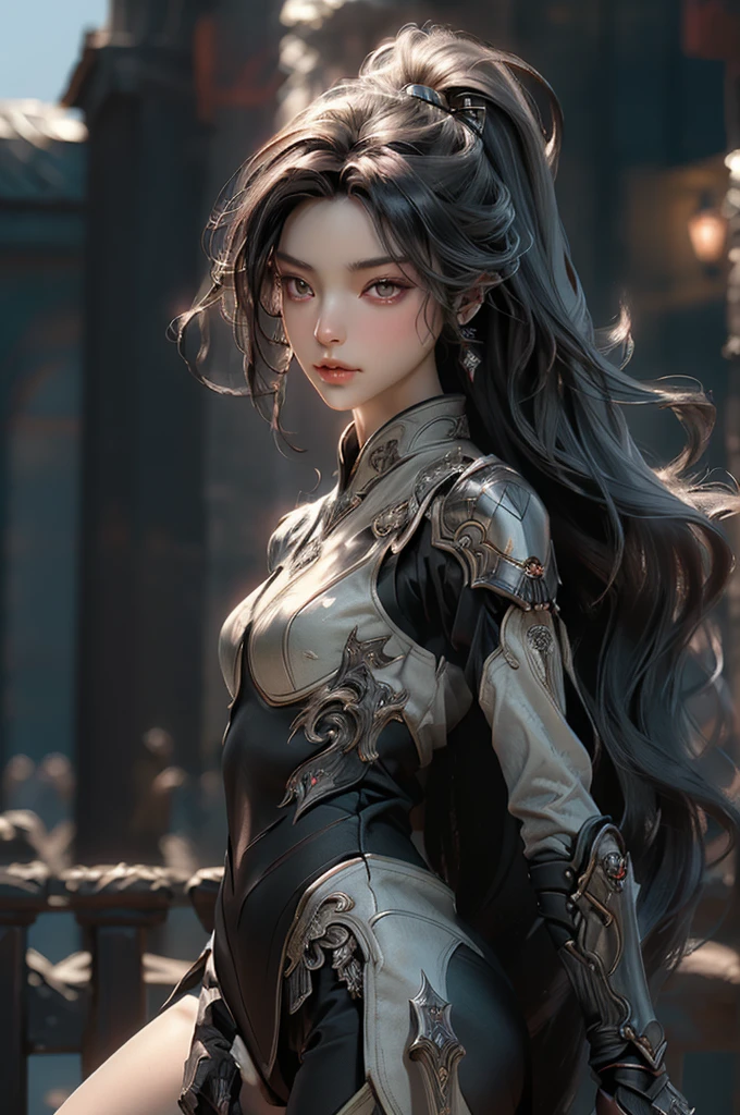 ((super fine illustration, 8k, Masterpiece :1.2, Sharp focus :1.2, depth of field:1.2)), A beautiful swordswoman with an air of determination and intense concentration,
Absorbing the elements with an otherworldly grace, defying the laws of reality,
Her sharp focus locked onto her adversary as her piercing gaze never wavers.
Her highly detailed face, with intricately textured skin, reveals the depth of her emotions,
Long, silver hair cascading in neat waves around her shoulders, framing her elevated brow.
Jet-black armor glints in the sunlight, covering her sculpted physique,
Fl