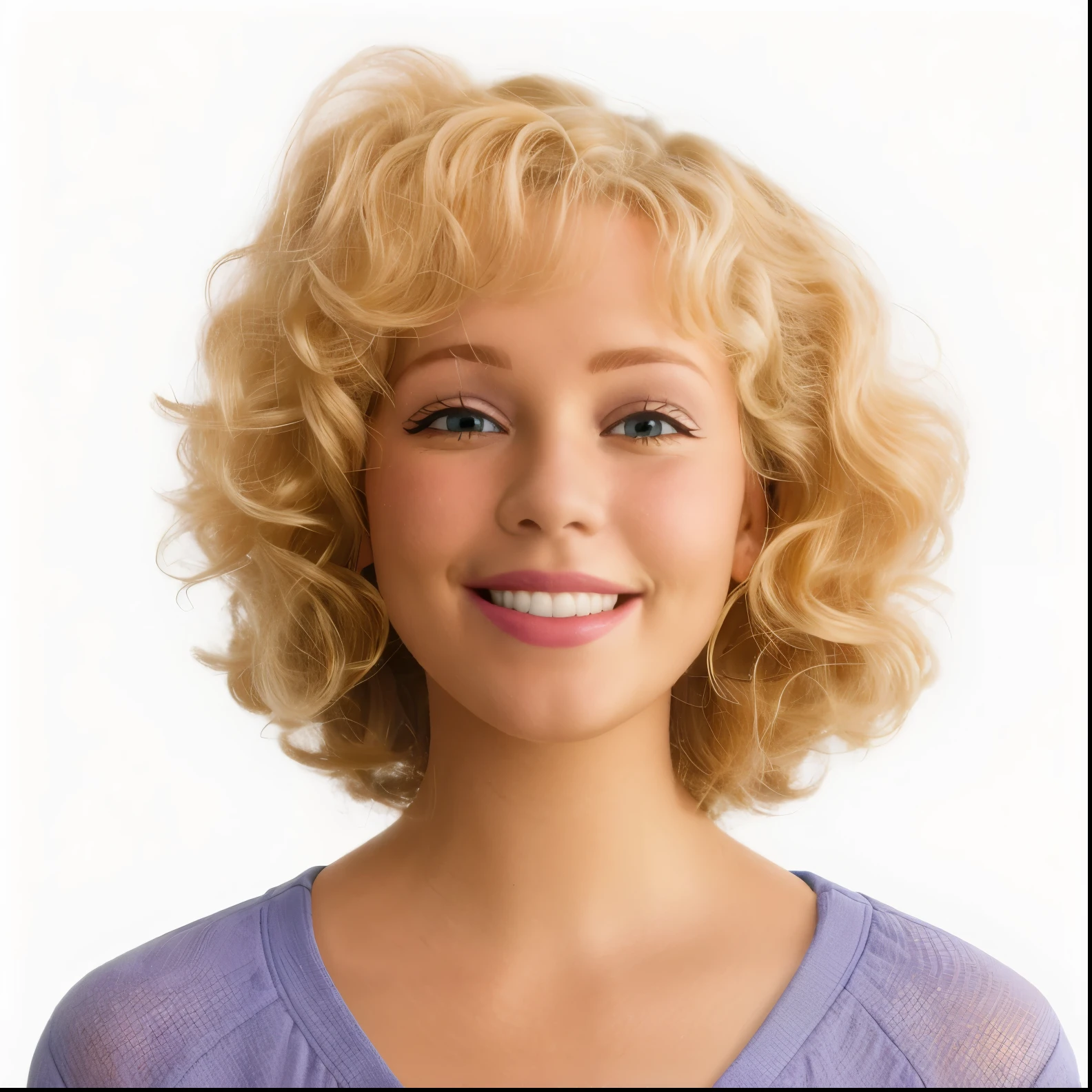 blond woman with curly hair smiling at camera with a white background, annie leibowit, nancy grossman, lynn skordal, laurie greasely, annie lebovetz, photo of a woman, curly blonde hair | d & d, marthe jonkers, louise dalh - wolfe, front portrait, jane rosenberg, bonnie maclean