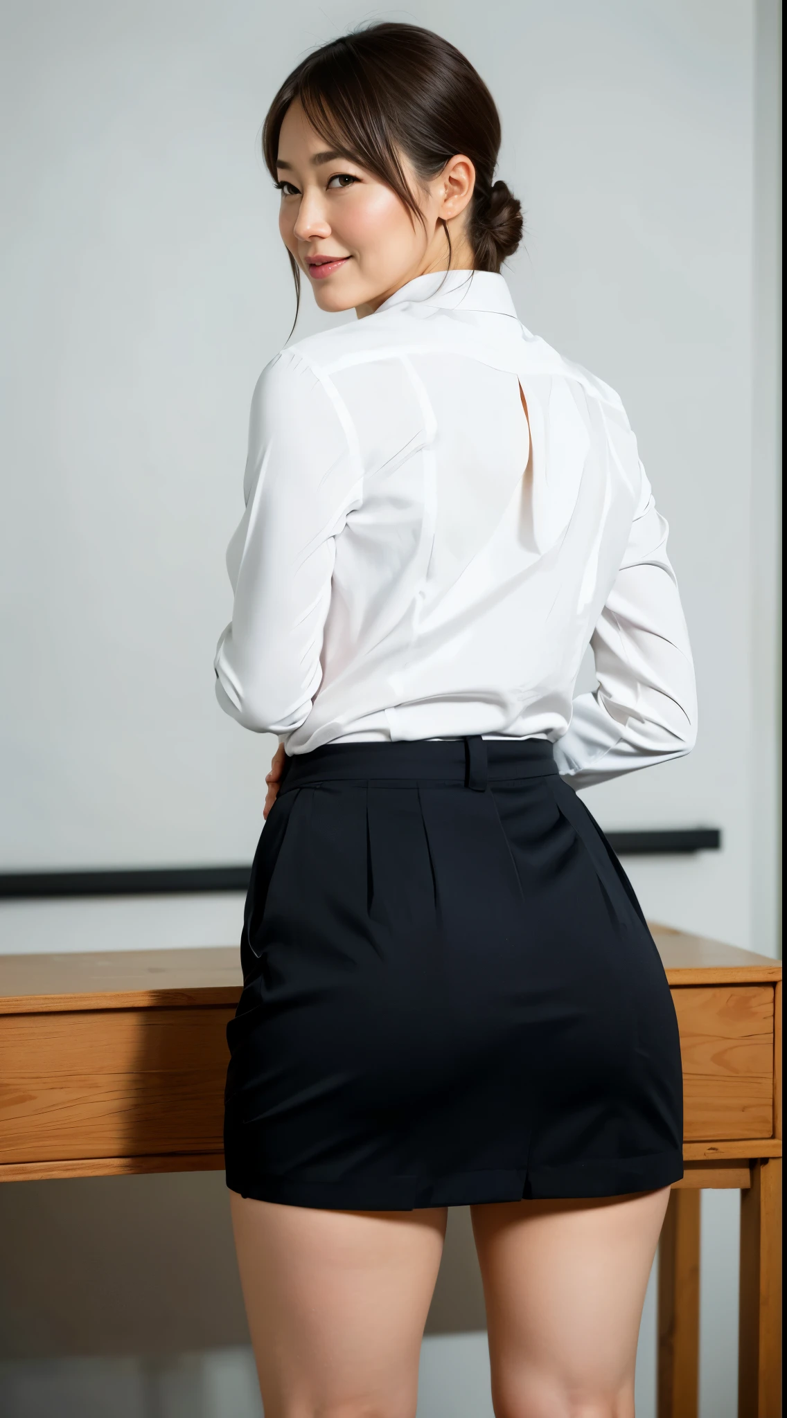 (Best quality, 8k, 32k, Masterpiece, UHD:1.2), from behind, 1 walking girl, beautiy Japanese office lady, (smile:0.5), (looking at the the viewer), 30 years old, bit chubby, white shirt, black skirt, office room, desk, (small breasts, buttocks:1.2), detailed beautiful face, wavy pony-tail hair, from below,