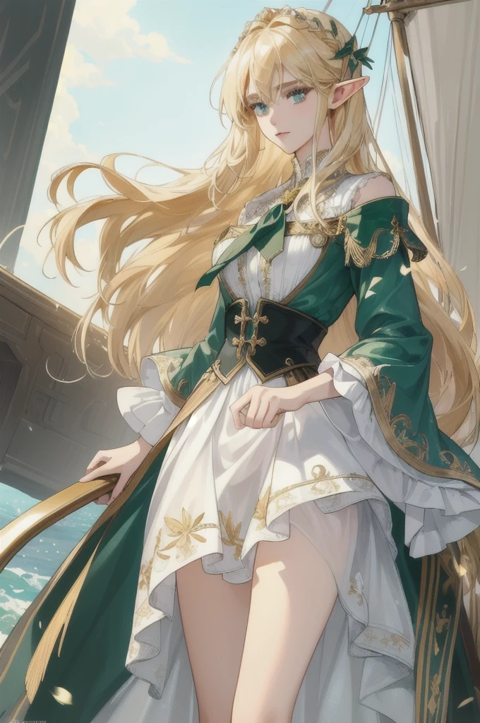 (((Masterpiece, highest quality, high definition, high detail))), ((((Fantasy))), one, Elf woman), came into sight with a short skirt of white, delicately embroidered with golden threads, revealing her shapely legs, and a blouse of white ruffled fabric, intricately embroidered with golden motifs. Her long, straight blonde hair cascaded down her shoulders, its strands shimmering with the reflected sunlight. Her eyes, an enchanting shade of glossy dark green, sparkled with an otherworldly allure.
She stood on the deck of a grand sailing ship, the vast sea stretching out before her.