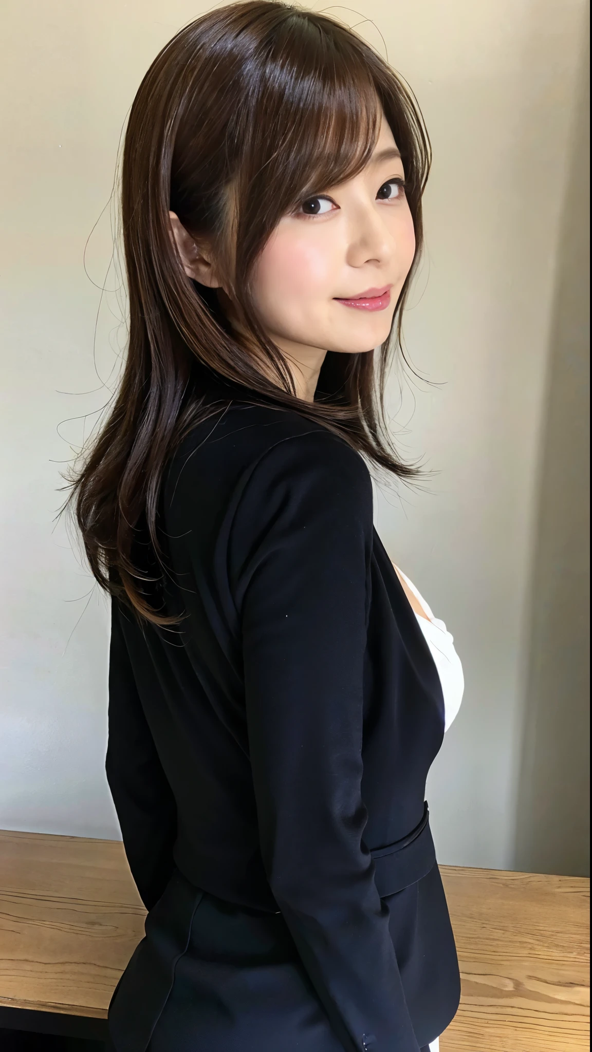 (Best quality, 8k, 32k, Masterpiece, UHD:1.2), from behind, 1 walking girl, beautiy Japanese office lady, (smile:0.5), (looking at the the viewer), 30 years old, bit chubby, black suit, black skirt, office room, desk, (small breasts, buttocks:1.2), detailed beautiful face, wavy pony-tail hair, from below,