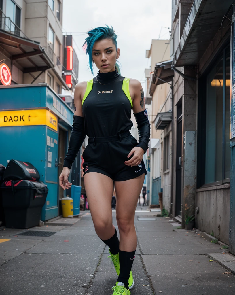 Electra, a 29-year-old Greek adrenaline enthusiast, stands at 5'7" with an edgy, punk-inspired look. Her asymmetrical, electric blue and neon green mohawk and vibrant violet eyes make a statement. A skilled parkour practitioner, Electra wears an avant-garde, neon-accented urban jumpsuit, navigating the neon-lit rooftops of a futuristic cityscape in a breathtaking display of agility and style.