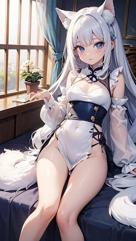 masutepiece　 The highest image quality　Super vivid　high-detail　One Young Woman（（Adults））　White Long Gloves（（blanche）（Long gloves））　white stockings（（blanche）（stockings））　校服（sleeveless）　Wolf ears　The hair（（Curta）（Grey Hair））　A smile　Eye color is blue　on the beds