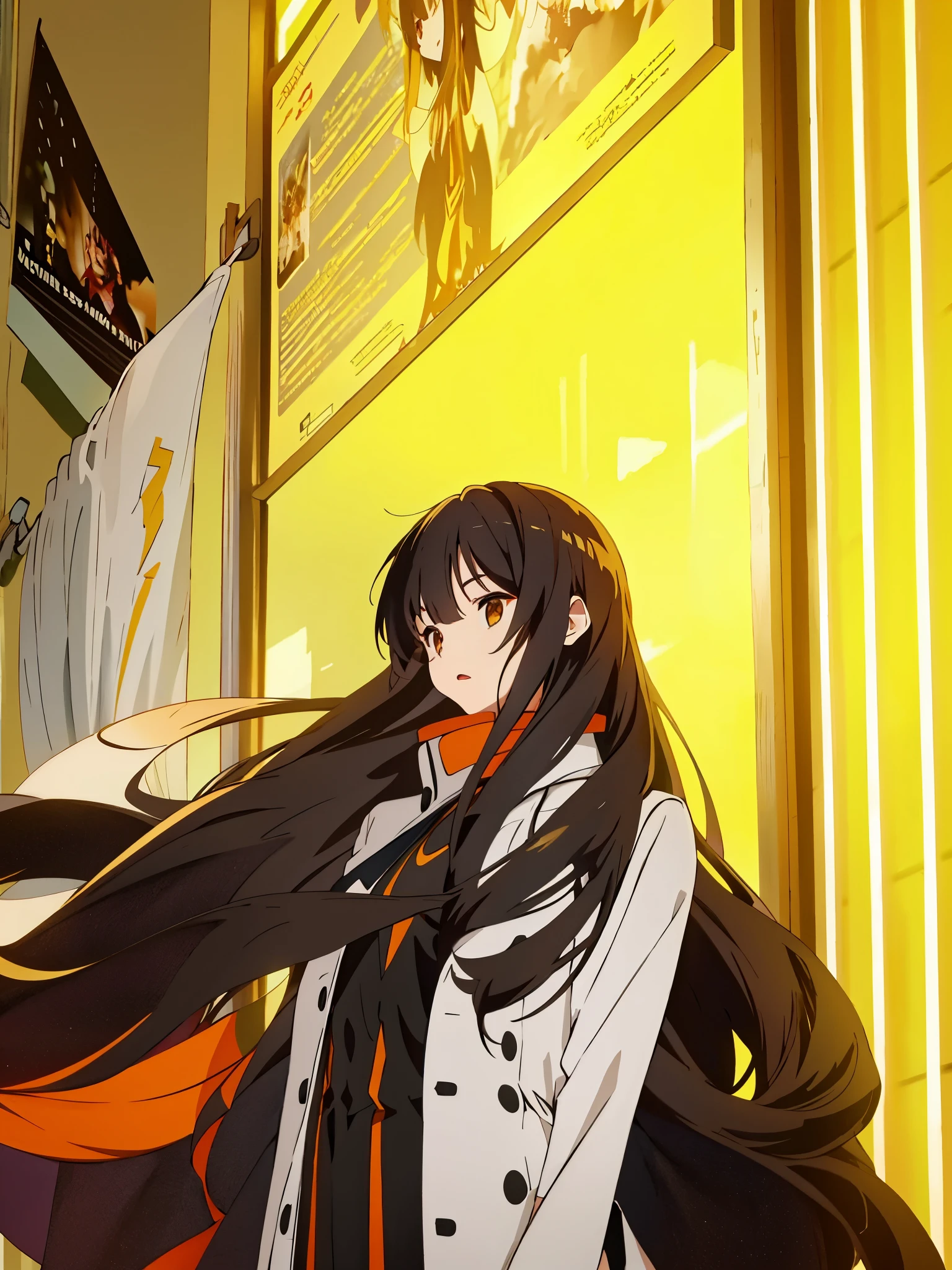 white shirt,black coat,Long hair and waist,Long hair and legs,Qi bangs,