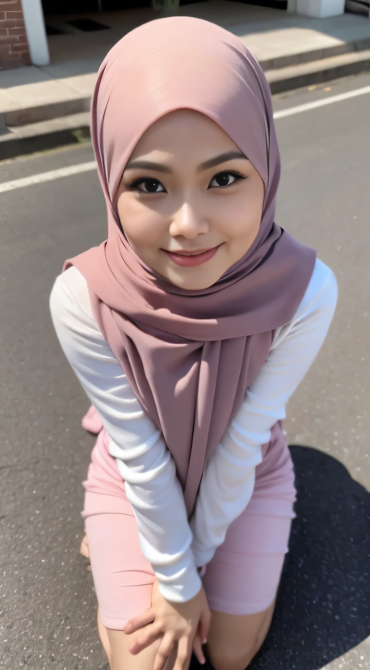 1 malay woman in pastel hijab, (looking at viewer), ((naked)), (Small buttocks), Smaller chest, errect nipple, laughing smile, (hijab flying), pale skin, small breasts, thin waist, china street style street, Hyper-Realism, Cinematic lighting, depth of fields, (high angle), Anatomically correct, Textured skin, Super Detail, award winning, Best Quality, high resolution, crouching looking above to the viewer, kneeling, (close up from above), (close up face), (dynamic angle), facial, cum, pov,