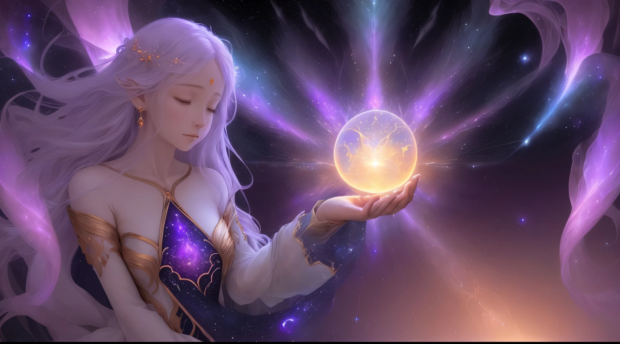 purple celestial spirit, soul, luminescent

A luminescent celestial spirit emanates a mesmerizing aura, illuminating the darkness of the cosmos. Its ethereal form glows with a celestial radiance, evoking a sense of tranquility and wonder. The spirit's translucent body resonates with vibrant colors, shifting and swirling like a celestial dance.

The spirit's soul shines brightly from within, exuding a sense of inner peace and harmony. Its gentle presence fills the space with a profound serenity.

Surrounding the celestial spirit are celestial bodies and constellations, painted in rich hues of blues and purples. These galaxies and stars create a breathtaking backdrop, further enhancing the celestial atmosphere. Sparkling stardust cascades through the scene, creating a captivating sense of movement and depth.

The luminescent glow of the celestial spirit casts a soft ambiance across the scene, illuminating the surroundings in a warm and gentle light. This celestial light bathes everything in a magical glow, accentuating the intricate details of the celestial bodies and infusing the entire composition with a sense of enchantment.

The artwork is created using the medium of digital illustration, allowing for precise detailing and a seamless integration of celestial elements. With the highest quality and resolution, every stroke and color merge harmoniously, resulting in an exquisite masterpiece. The realism and photorealistic depiction of the celestial spirit and its surroundings evoke a sense of awe and wonder.

In this artwork, the celestial spirit embodies a captivating blend of beauty, spirituality, and celestial energy. The luminescent qualities, combined with the soul's gentle radiance, create a mesmerizing portrayal of the celestial realm. The overall composition offers a serene and immersive experience, inviting viewers to embark on a cosmic journey of the imagination.