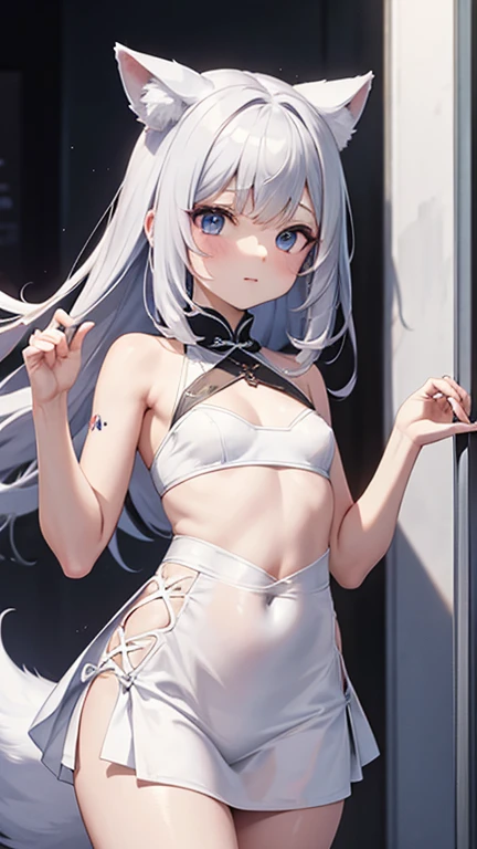Ella tiene el cabello albino y los ojos azules y una piel de porcelana acentuada con tonos rosados, He has fox ears and a tail characteristic of his ability, both of the same grayish white tone as her hair. Suele vestir un cheongsam de color azul con blanco, y unos geta de manera. Cuerpo completo, pecho mediano, small waist, muslos normales.