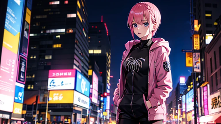 spider_oc, ichika nakano, 1girl, short pink hair, braided bangs, blue eyes, jacket, hood, lips, (black and white bodysuit: 1.1), superhero, hoodie, city, squatter, building, (solo),