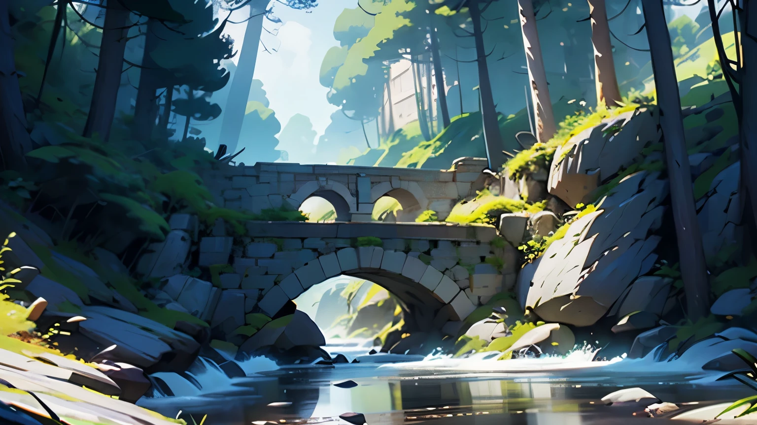 There is a painting of a bridge over a stream in the woods - SeaArt AI