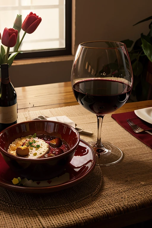 romantic dinner, a table with dishes and glasses with red wine and tulips and small red hearts